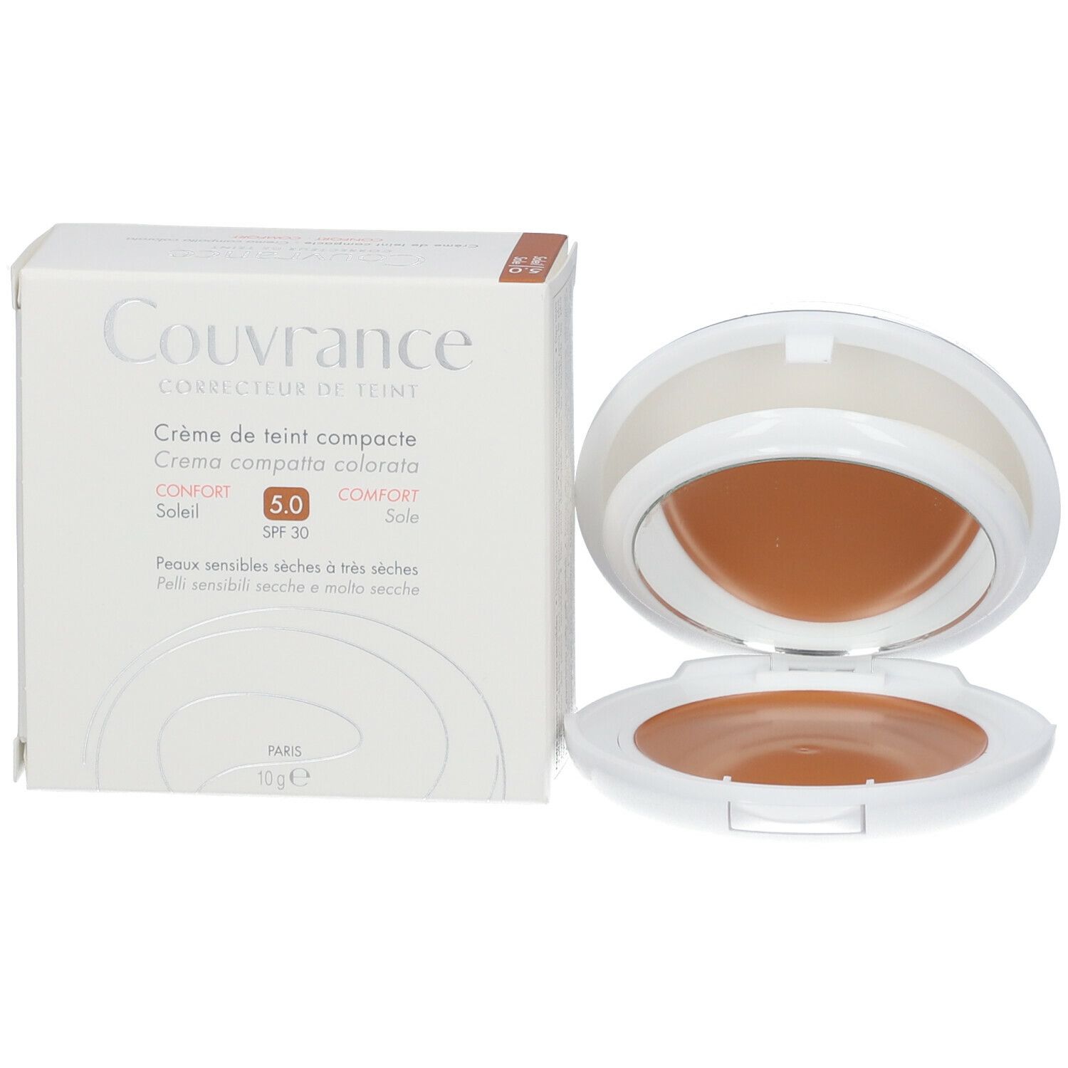 Make-up-Behälter und Verpackung. Verpackung mit Produktnamen, Farbton 5.0, SPF 30. Behälter geöffnet, Creme dunkelbraun.
