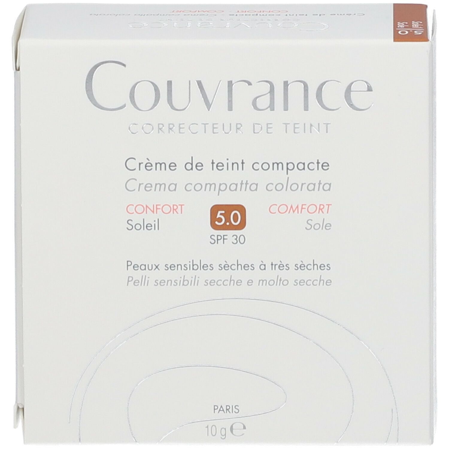 Weiße Verpackung mit Produktnamen, Farbton 5.0, SPF 30. Für trockene, empfindliche Haut. 10g.