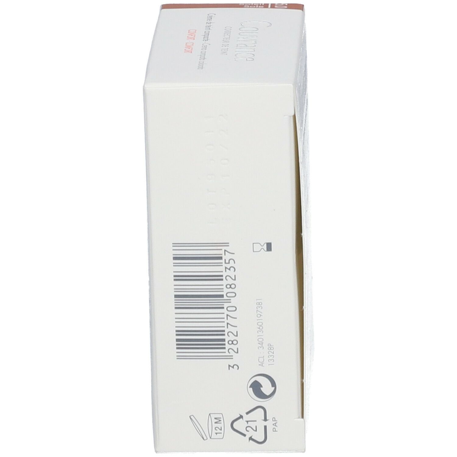 Seitenansicht der Verpackung. Produktname, Inhaltsstoffe, Barcode, Recycling-Symbole, Haltbarkeit.
