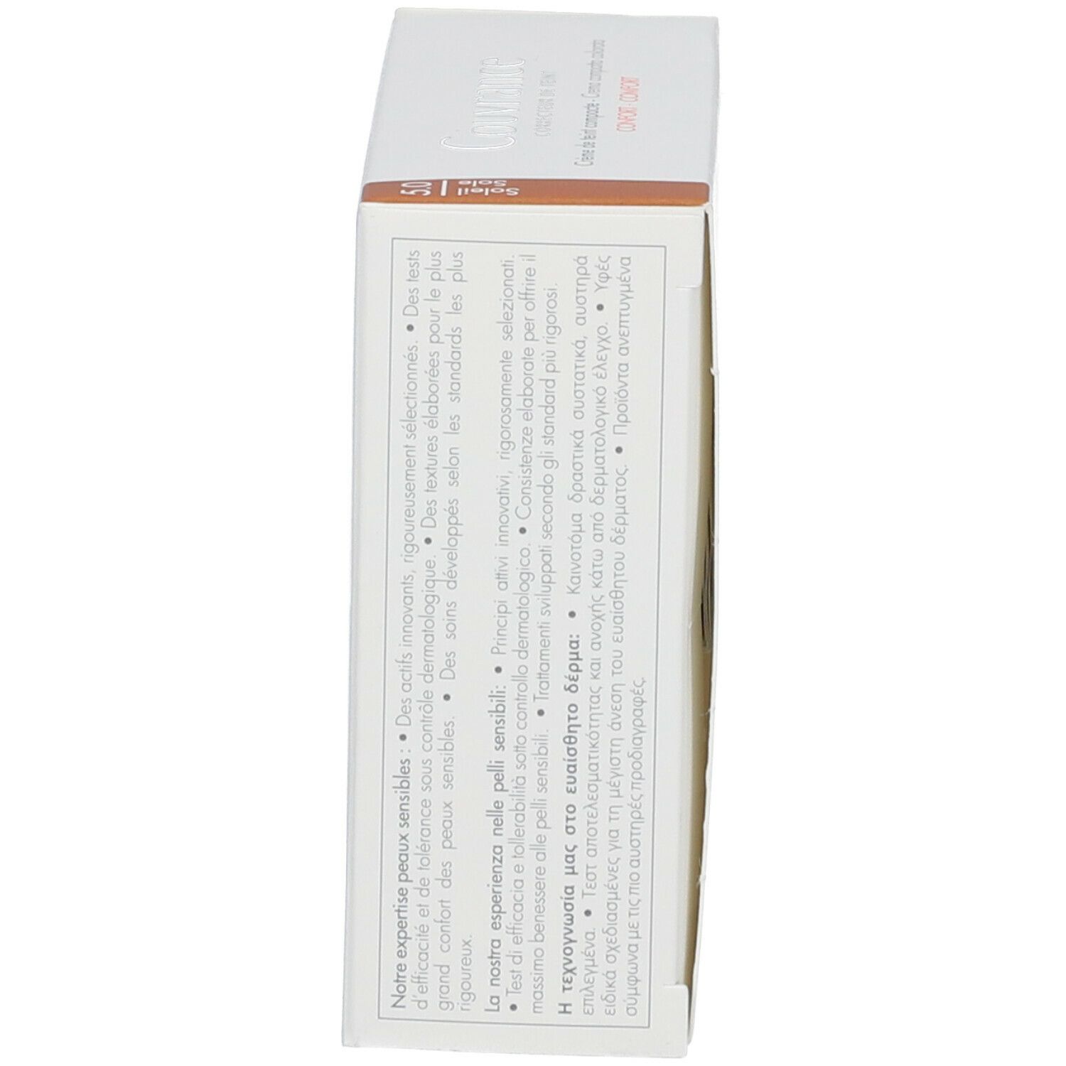 Seitenansicht der Verpackung. Produktname, Inhaltsstoffe, Sonnenschutzfaktor, Herstellerinformationen.