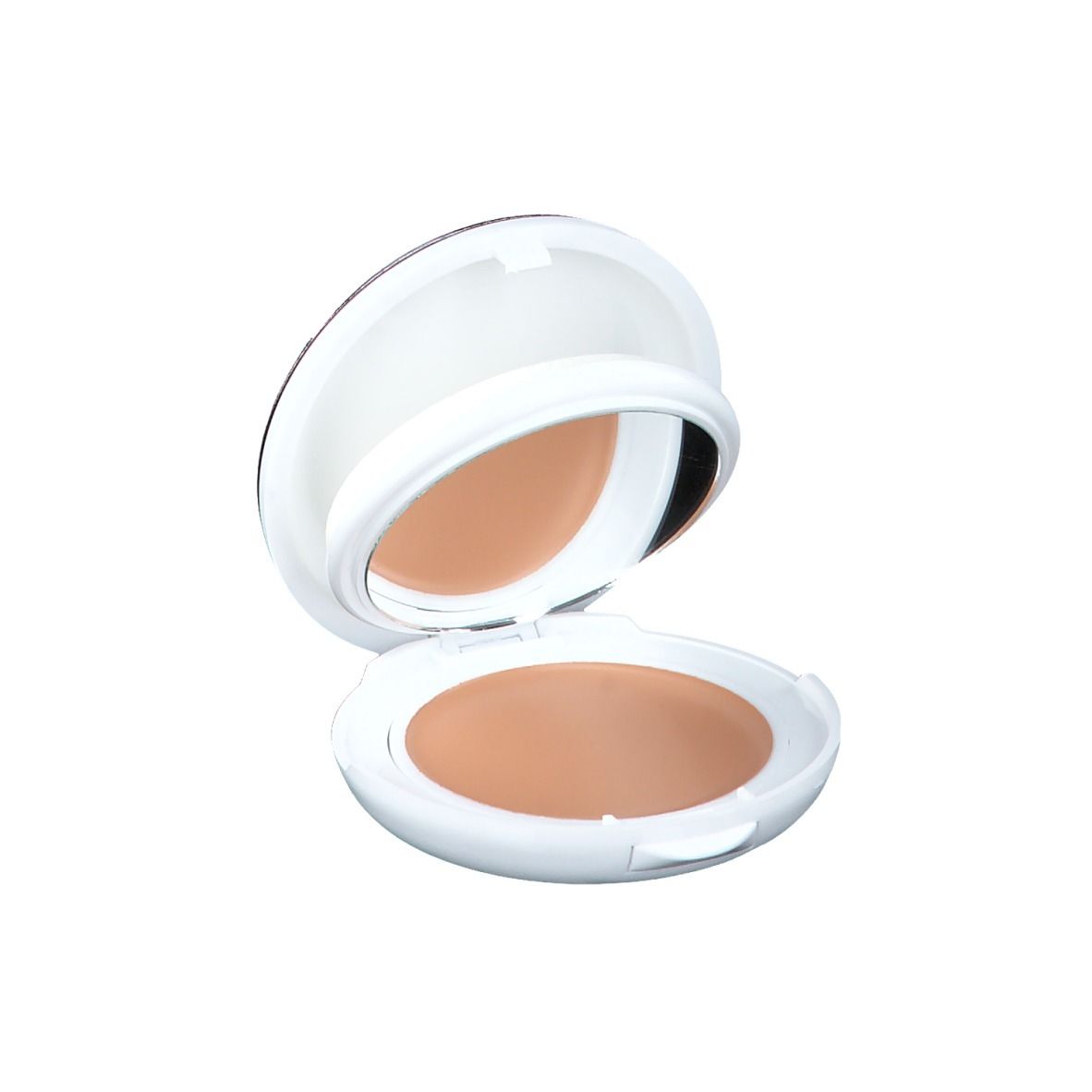 Geöffnete Kompakt-Make-up-Dose. Enthält Make-up in Farbton 3.0 Sand und einen Spiegel.