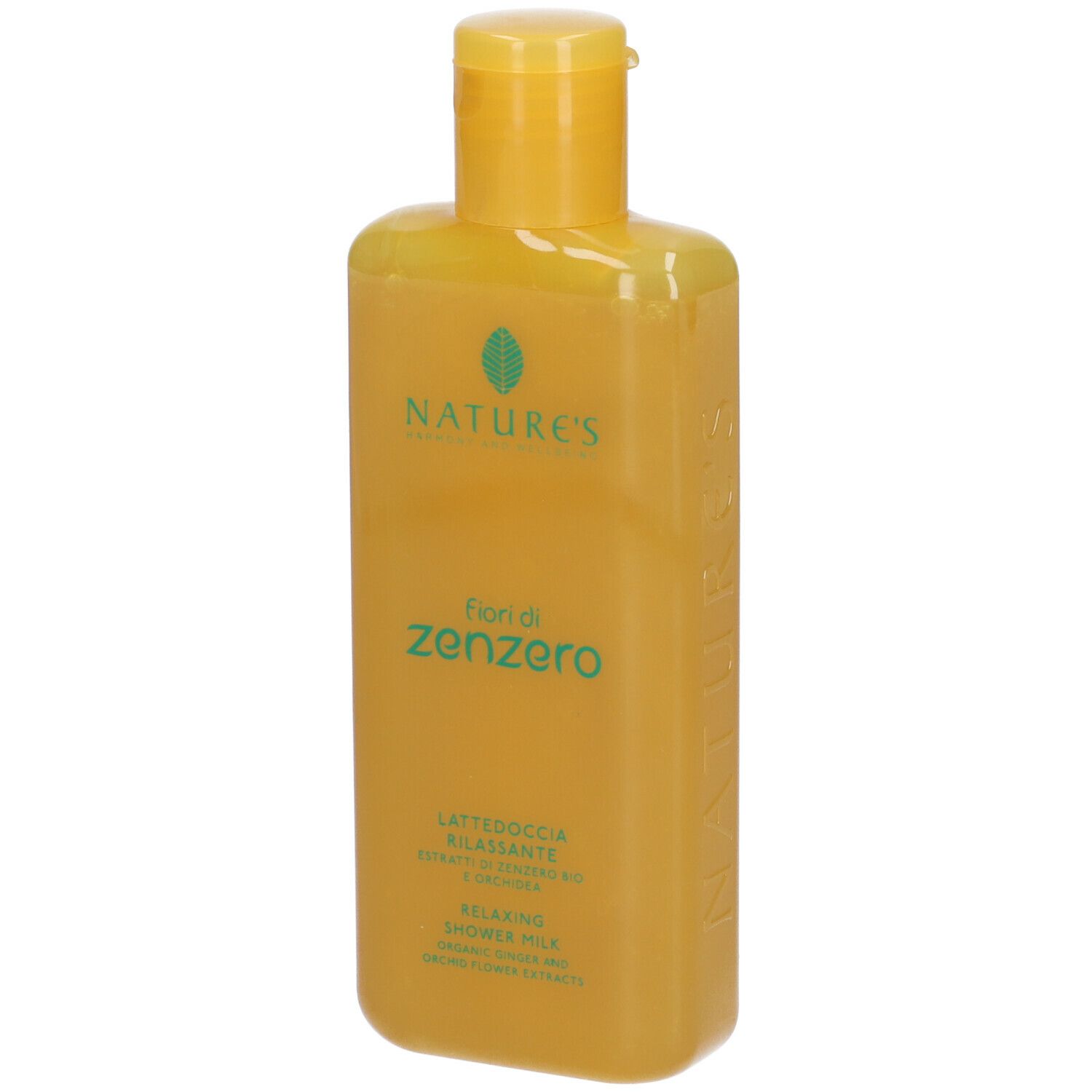 Flacone giallo con contenuto giallo. Scritte: NATURE'S, Fiori di zenzero, Lattedoccia rilassante. Relaxing Shower Milk.
