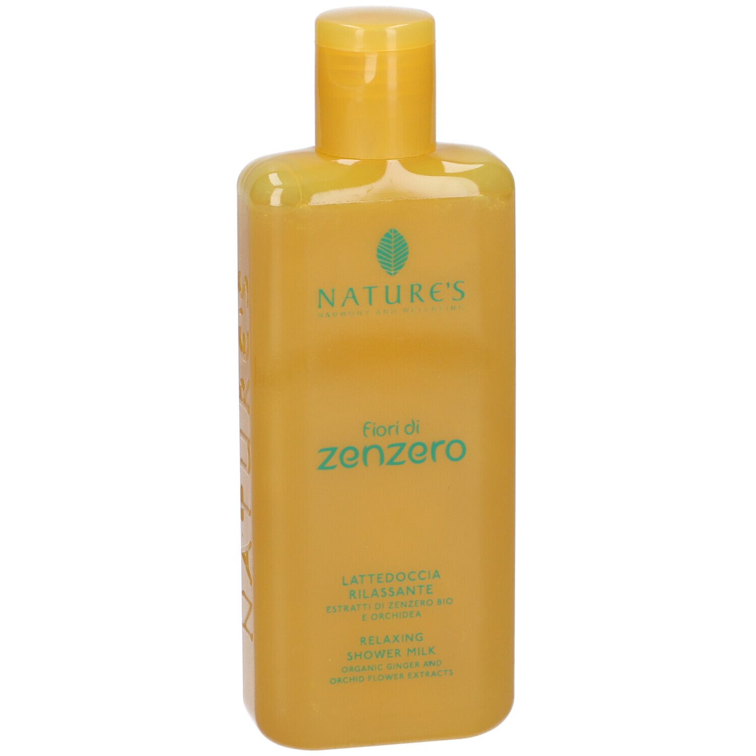 Flacone giallo con contenuto giallo. Scritte: NATURE'S, Fiori di zenzero, Lattedoccia rilassante. Relaxing Shower Milk.