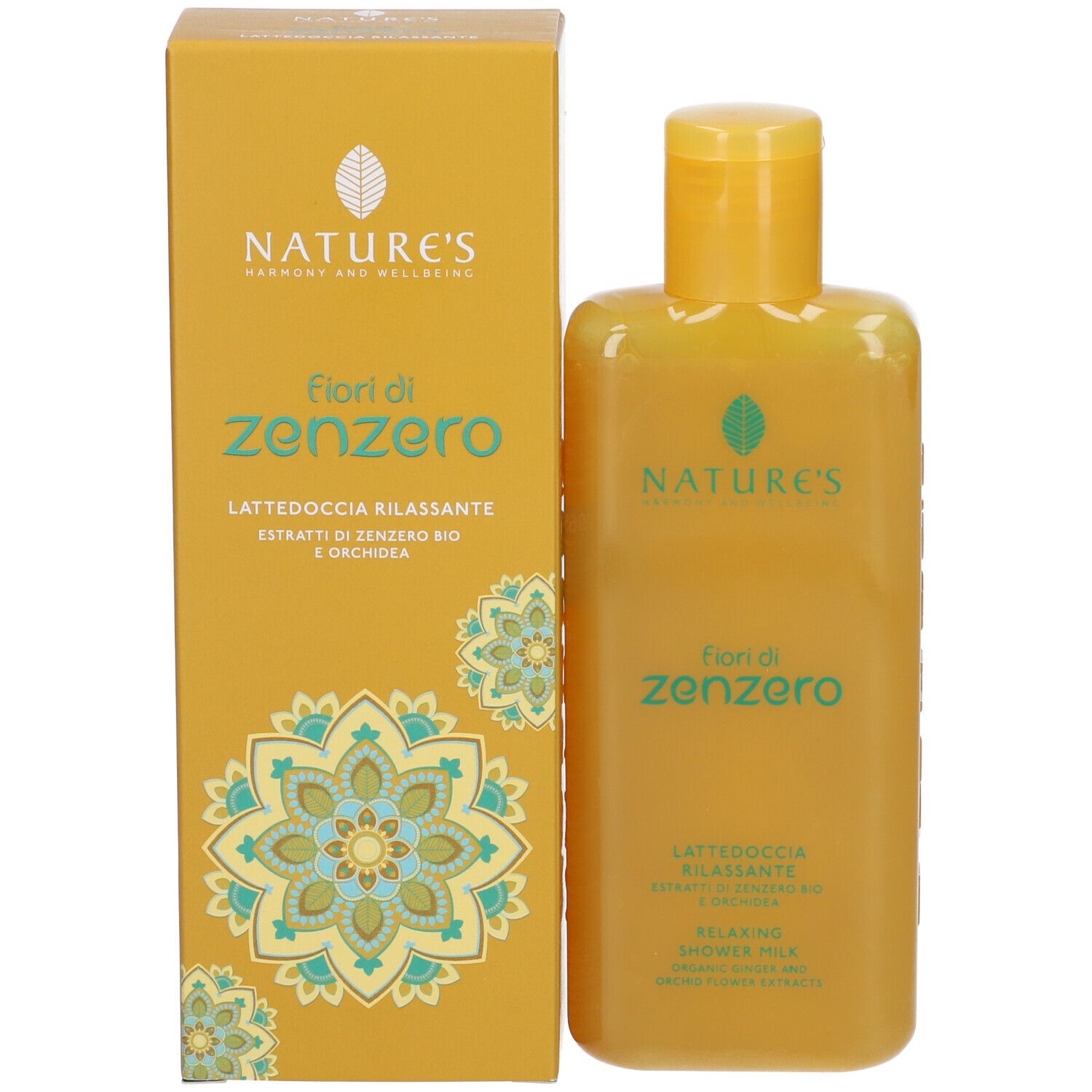 Scatola e flacone gialli. Scritte: NATURE'S, Fiori di zenzero, Lattedoccia rilassante. Relaxing Shower Milk.