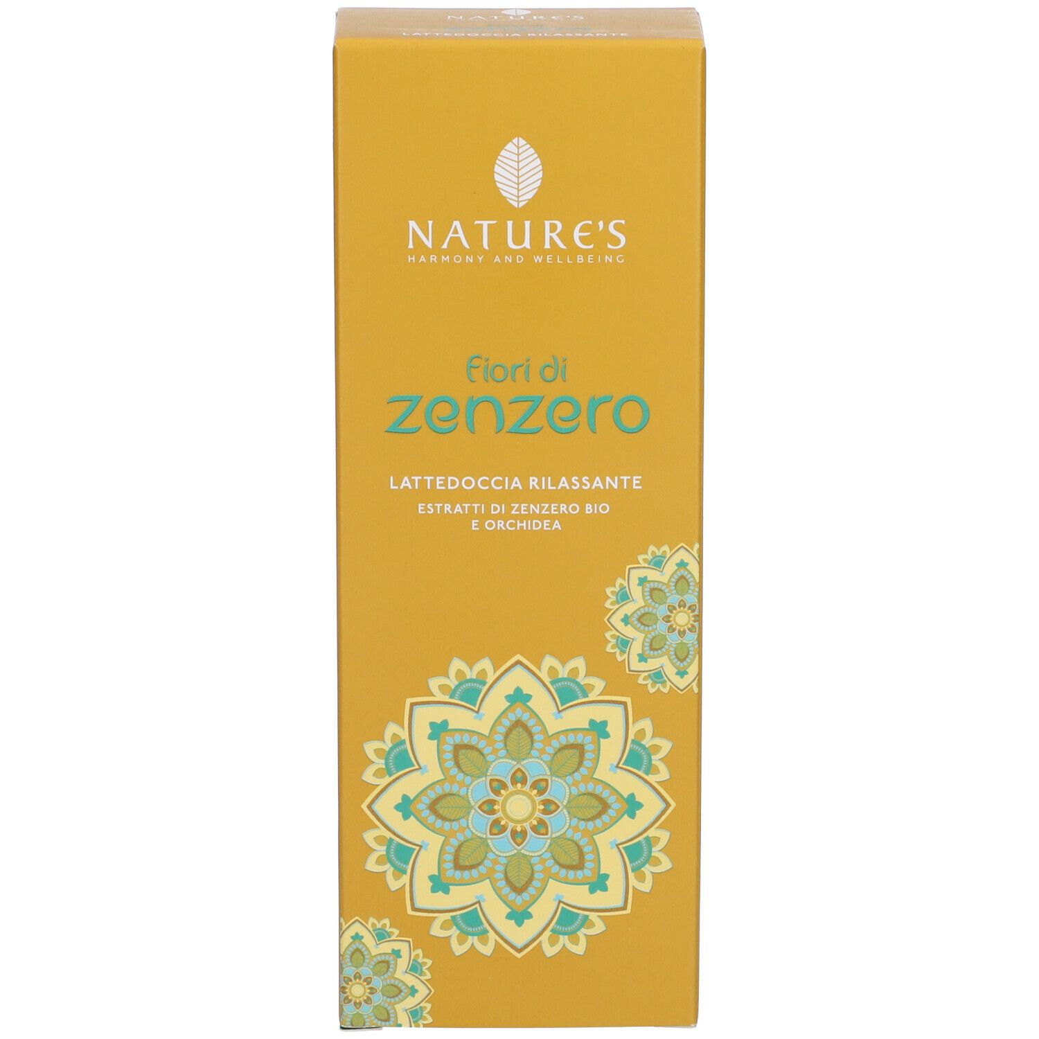 Scatola gialla. Scritte: NATURE'S, Fiori di zenzero, Lattedoccia rilassante. Relaxing Shower Milk.