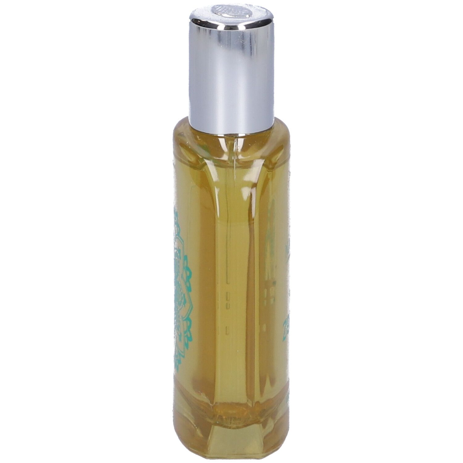 Flacone di profumo sottile con tappo argentato. Liquido giallo all'interno.