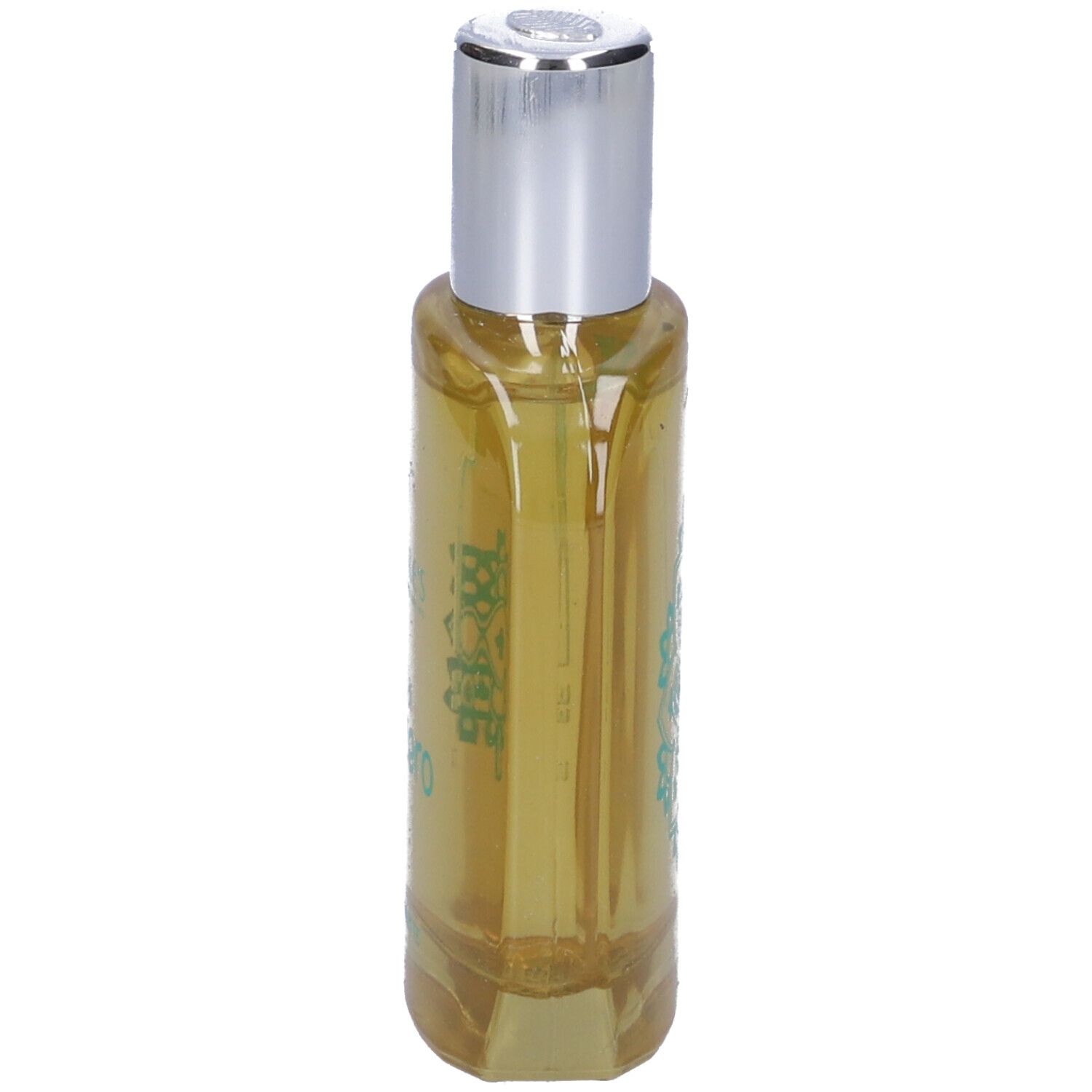 Flacone di profumo sottile con tappo argentato. Liquido giallo all'interno.