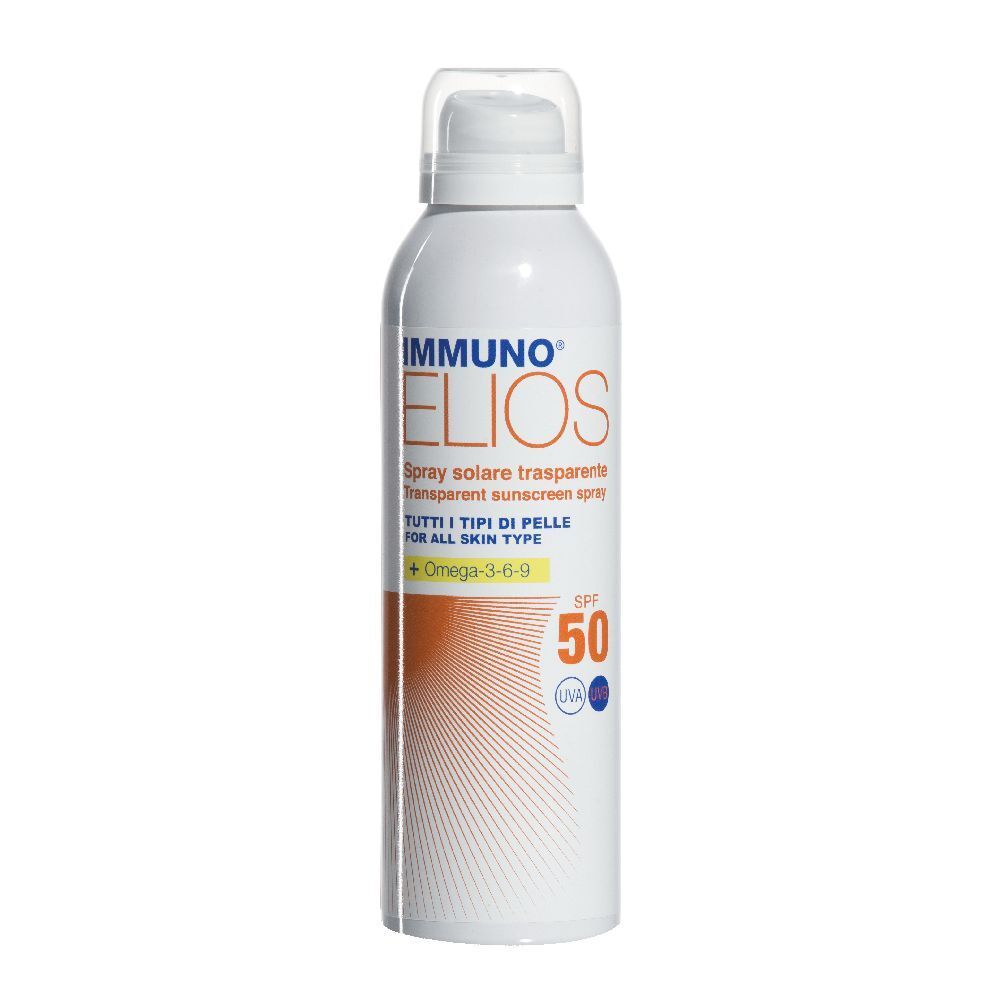 Spray bianco con nome del prodotto e SPF 50. Area arancione con linee. Protezione solare trasparente.