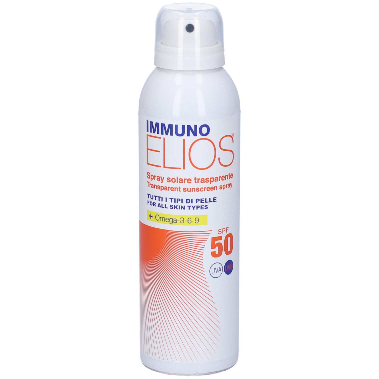 Spray bianco con nome del prodotto e SPF 50. Area arancione con linee. Protezione solare trasparente.