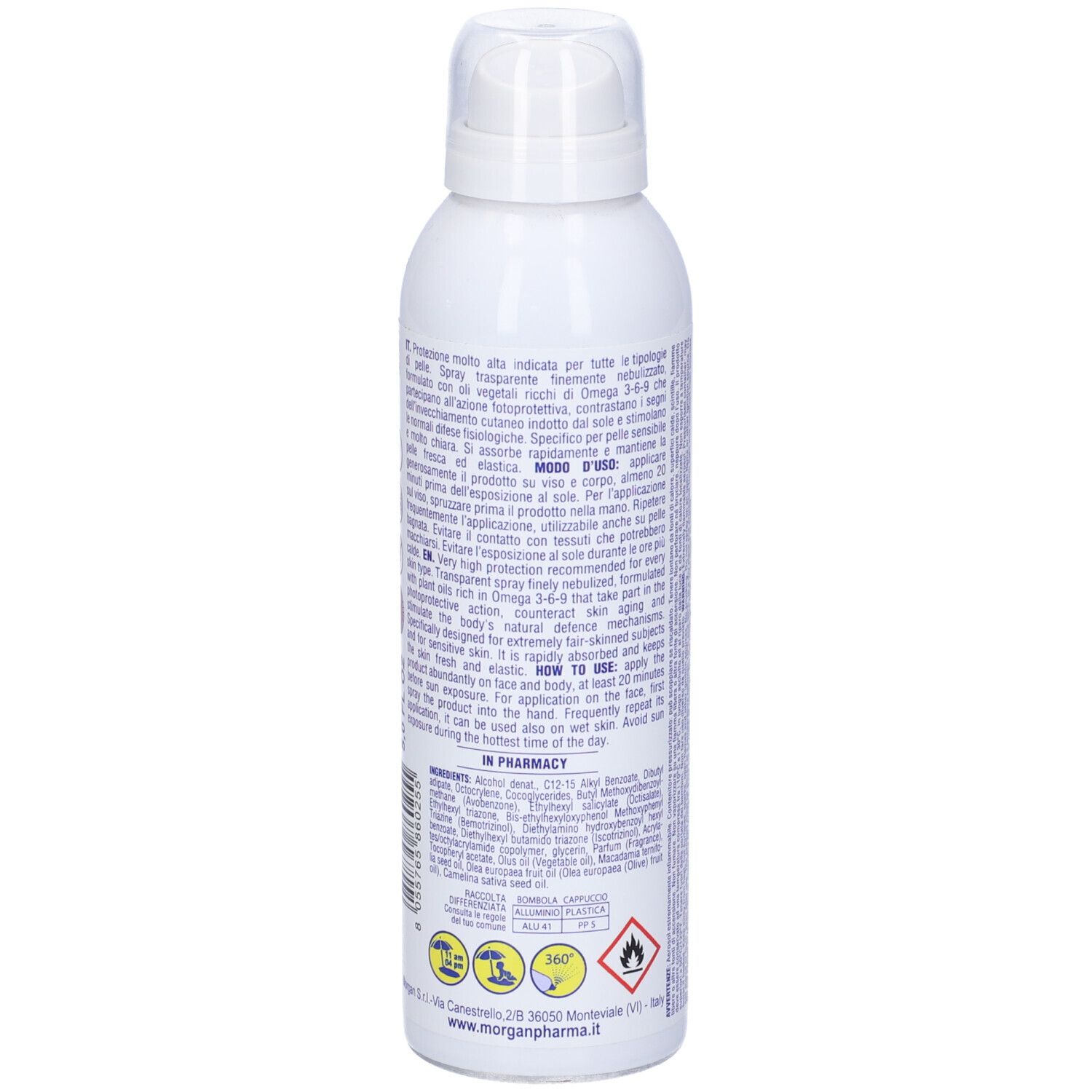 Spray bianco, retro con testo. Contiene informazioni sul prodotto e avvertenze. Vista dettagliata.