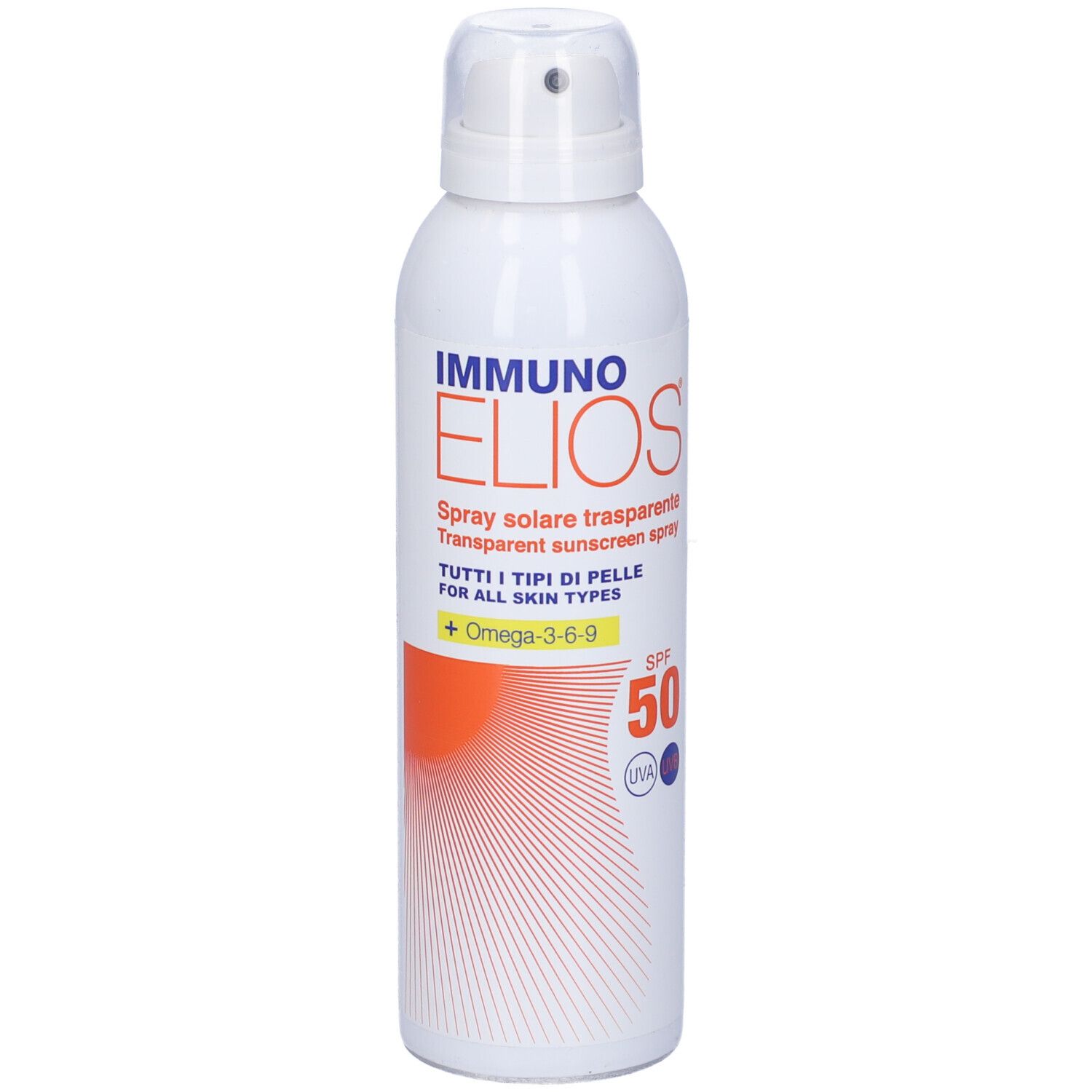 Spray bianco con nome del prodotto e SPF 50. Area arancione con linee. Protezione solare trasparente.