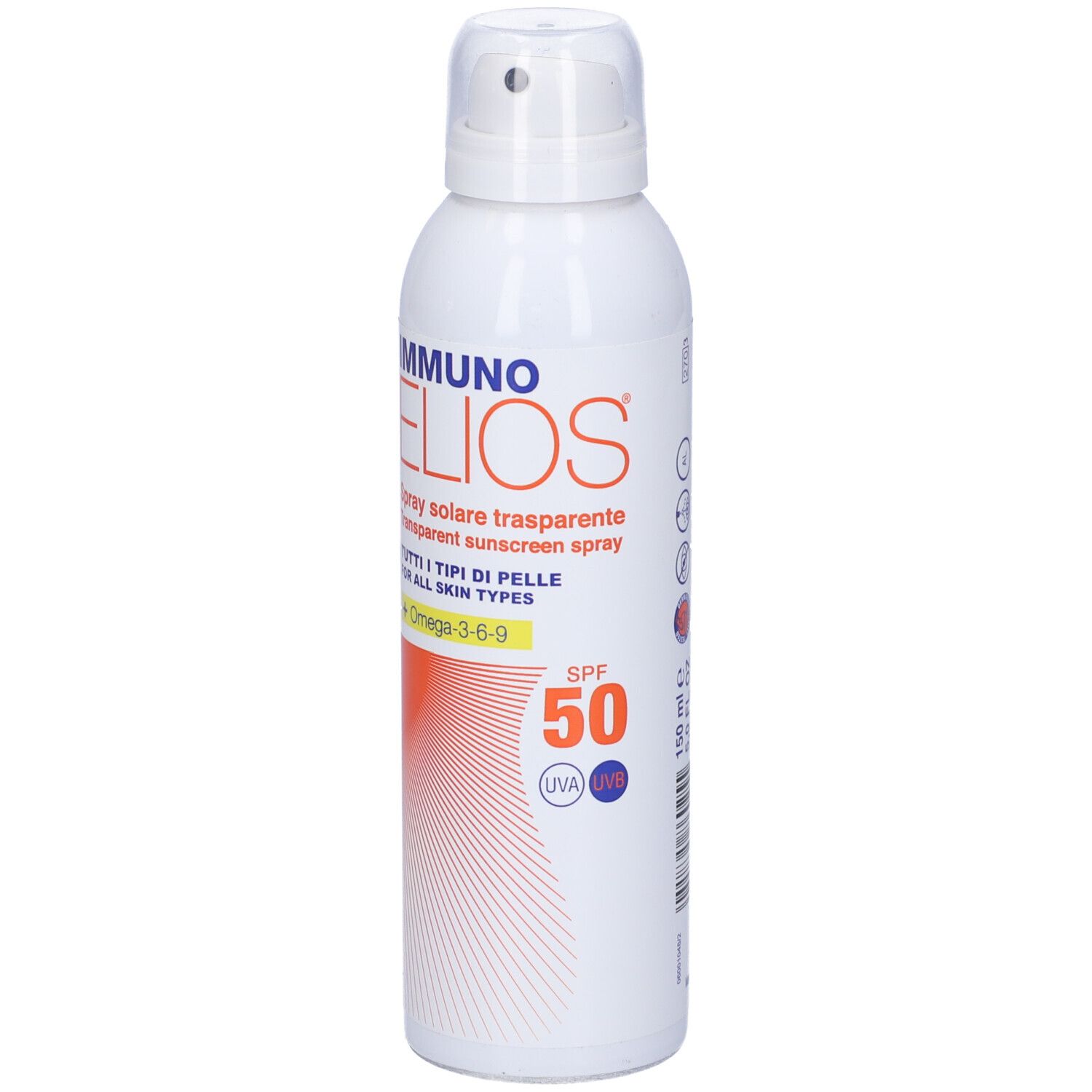 Spray bianco con nome del prodotto e SPF 50. Area arancione con linee. Protezione solare trasparente.