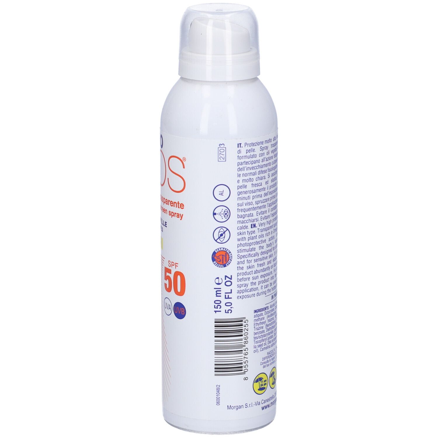 Spray bianco con nome del prodotto, SPF 50 e indicazione del volume. Retro con testo.