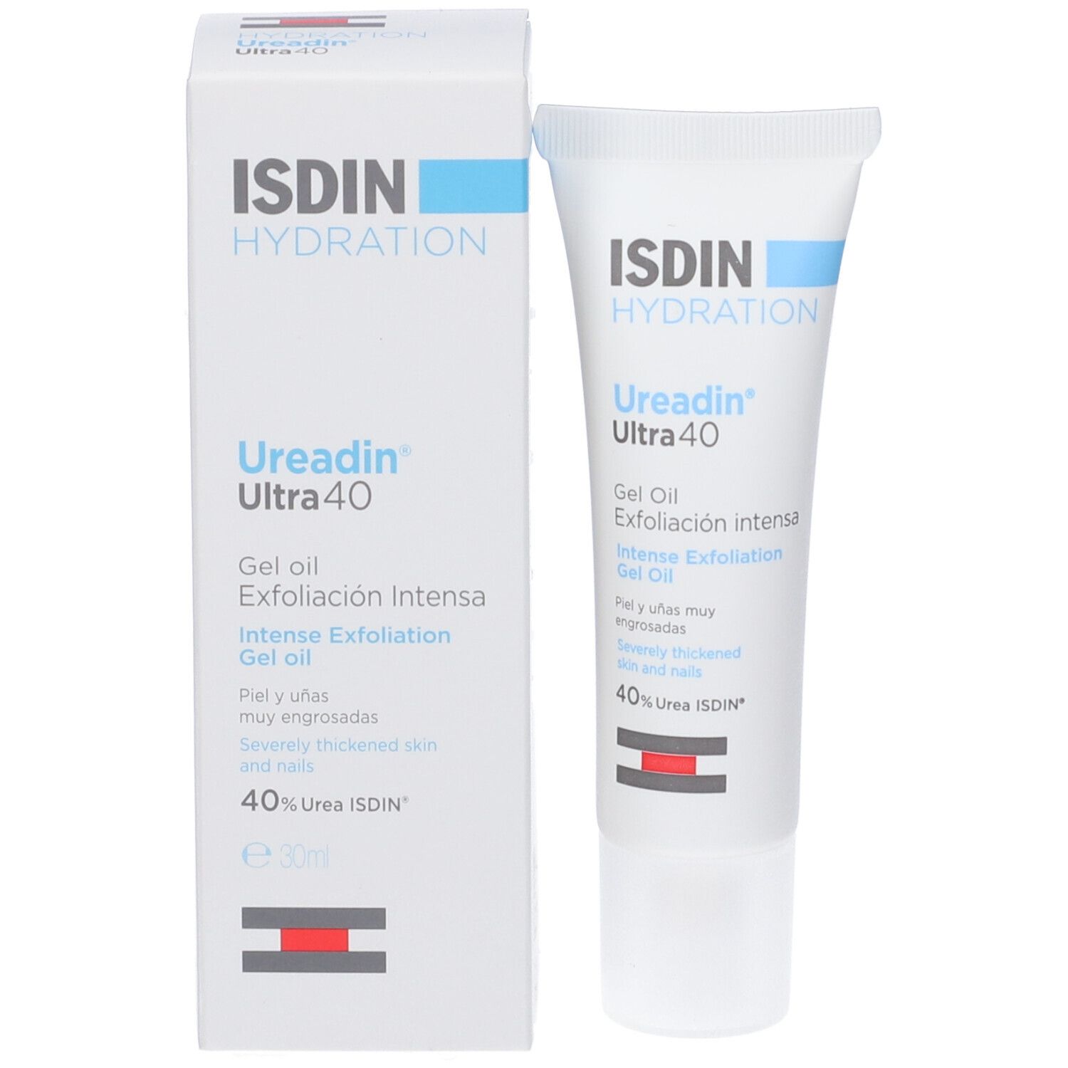 Produktverpackung. Weiß mit blauem und rotem Text. Enthält Ureadin Ultra 40. 30ml. ISDIN Logo.