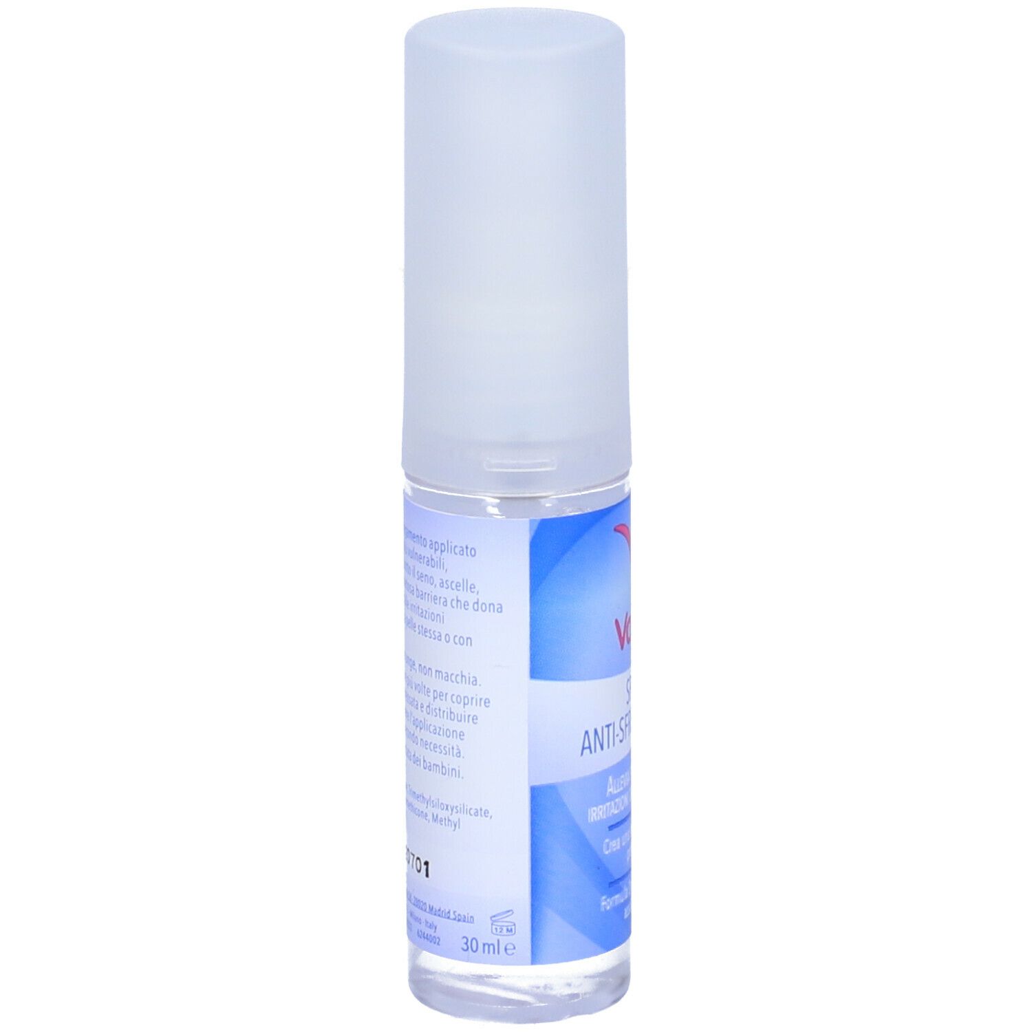 Vagisil Spray Anti-Sfregamento. Flacone spray. Retro con testo. Colori blu e bianco.