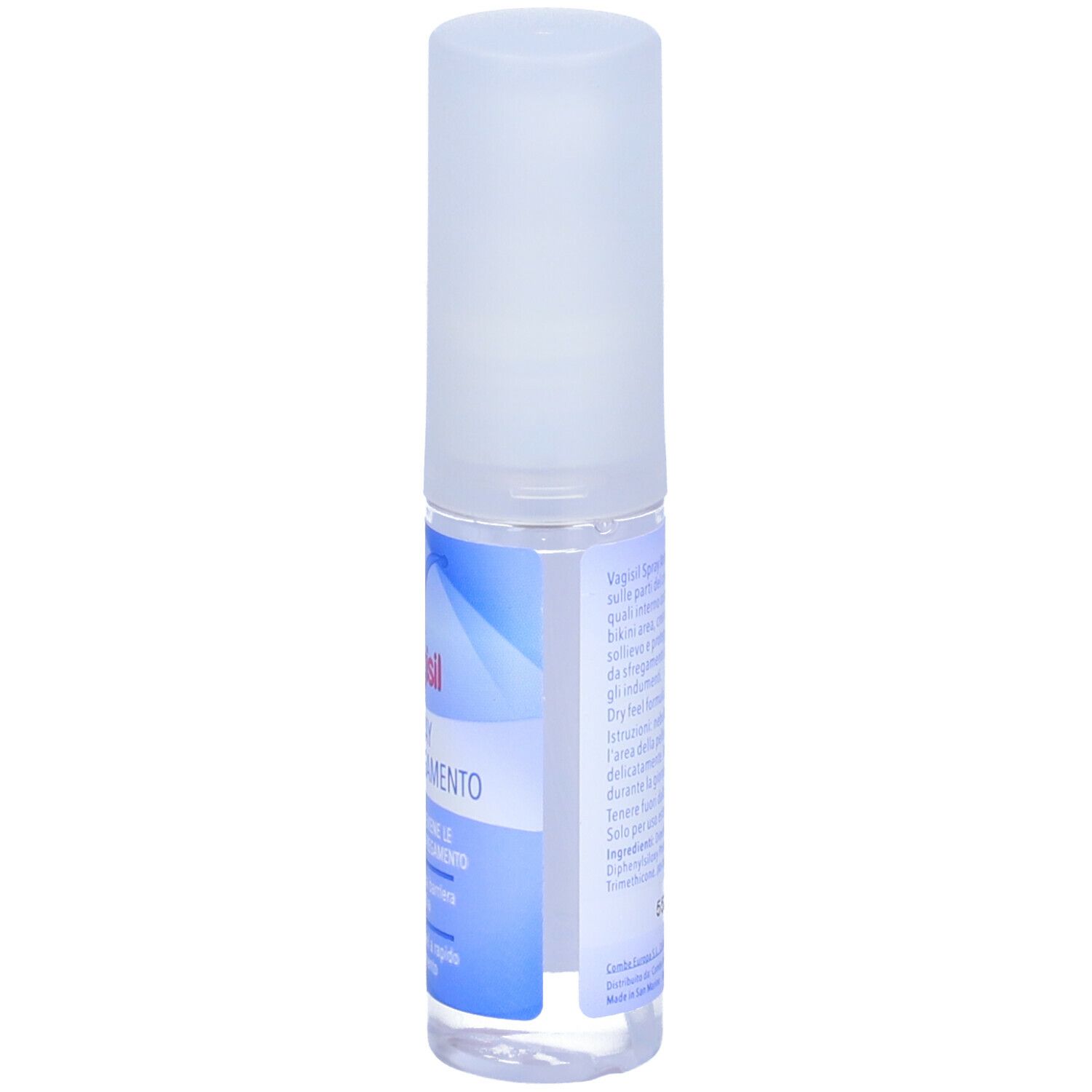 Vagisil Spray Anti-Sfregamento. Flacone spray. Retro con testo. Colori blu e bianco.