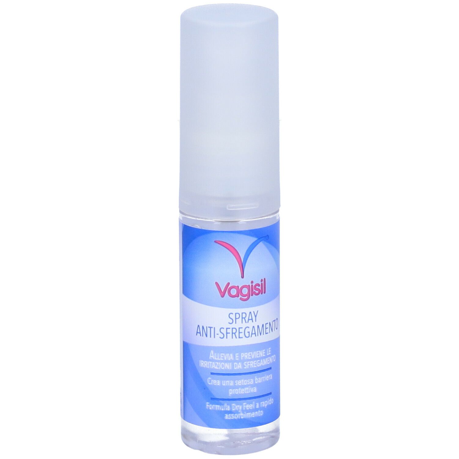 Vagisil Spray Anti-Sfregamento. Flacone spray. Fronte con testo. Colori blu e bianco.