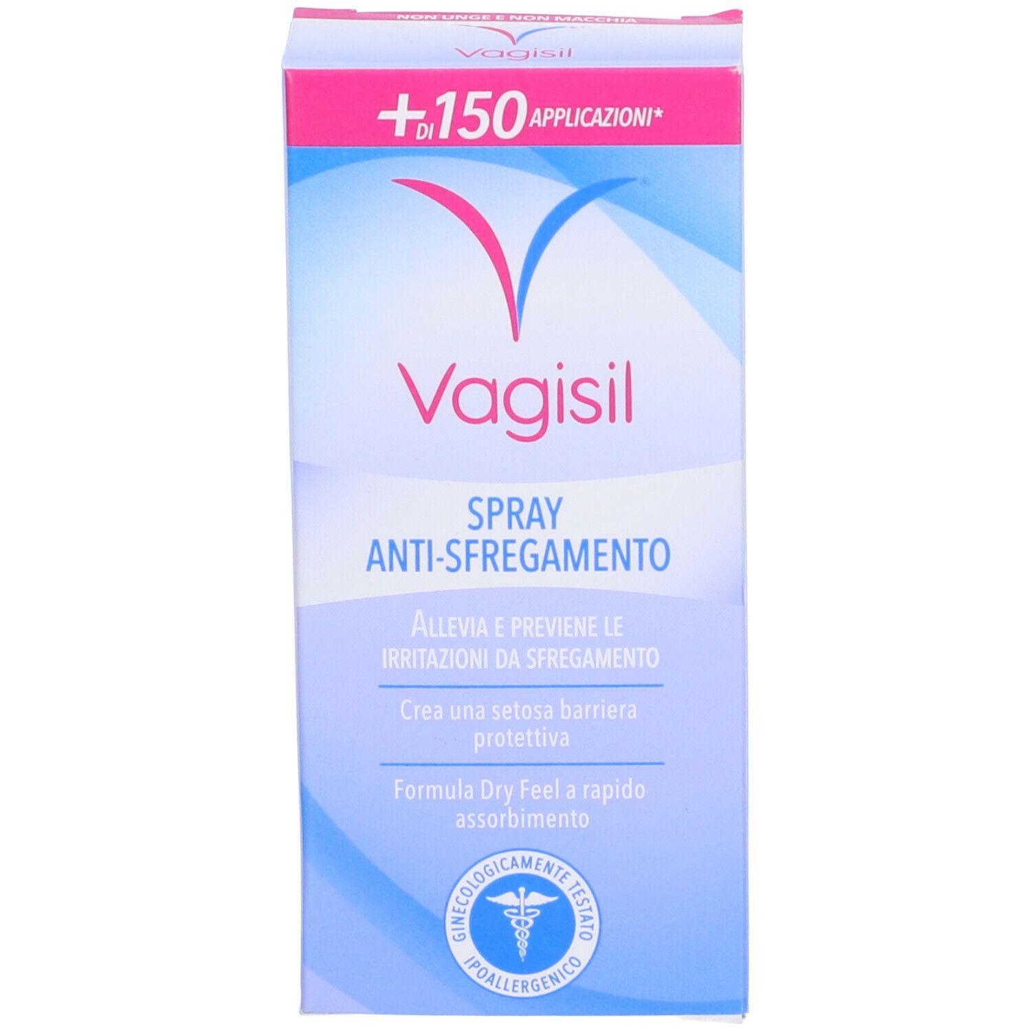 Vagisil Spray Anti-Sfregamento. Confezione. Colori blu e bianco. Testo.