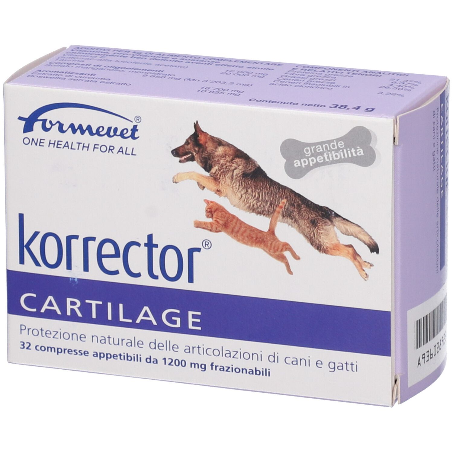 Korrector Cartilage, confezione. Immagini di cane e gatto. Confezione blu e bianca con nome del prodotto e logo.