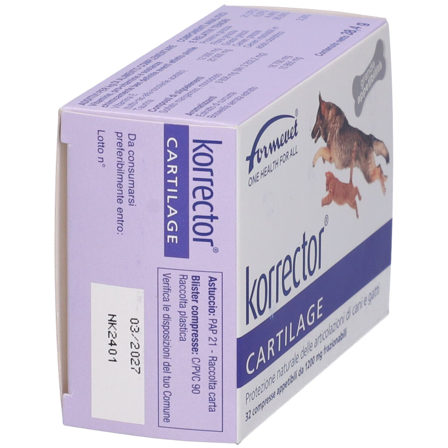 Confezione Korrector Cartilage. Vista laterale. Testo: 'Da consumarsi preferibilmente entro: 03/2027'.