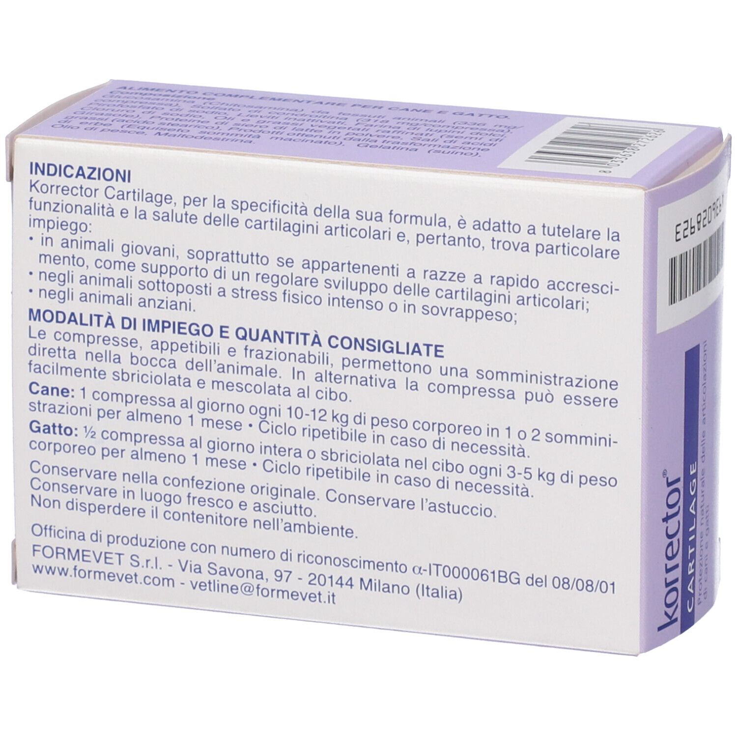 Confezione Korrector Cartilage. Retro con informazioni sul prodotto. Testo in italiano.