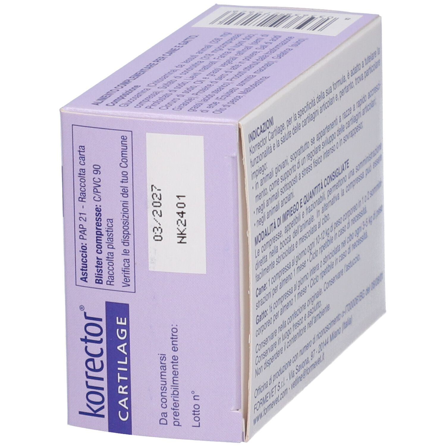 Confezione Korrector Cartilage. Vista laterale. Testo: 'Da consumarsi preferibilmente entro: 03/2027'.