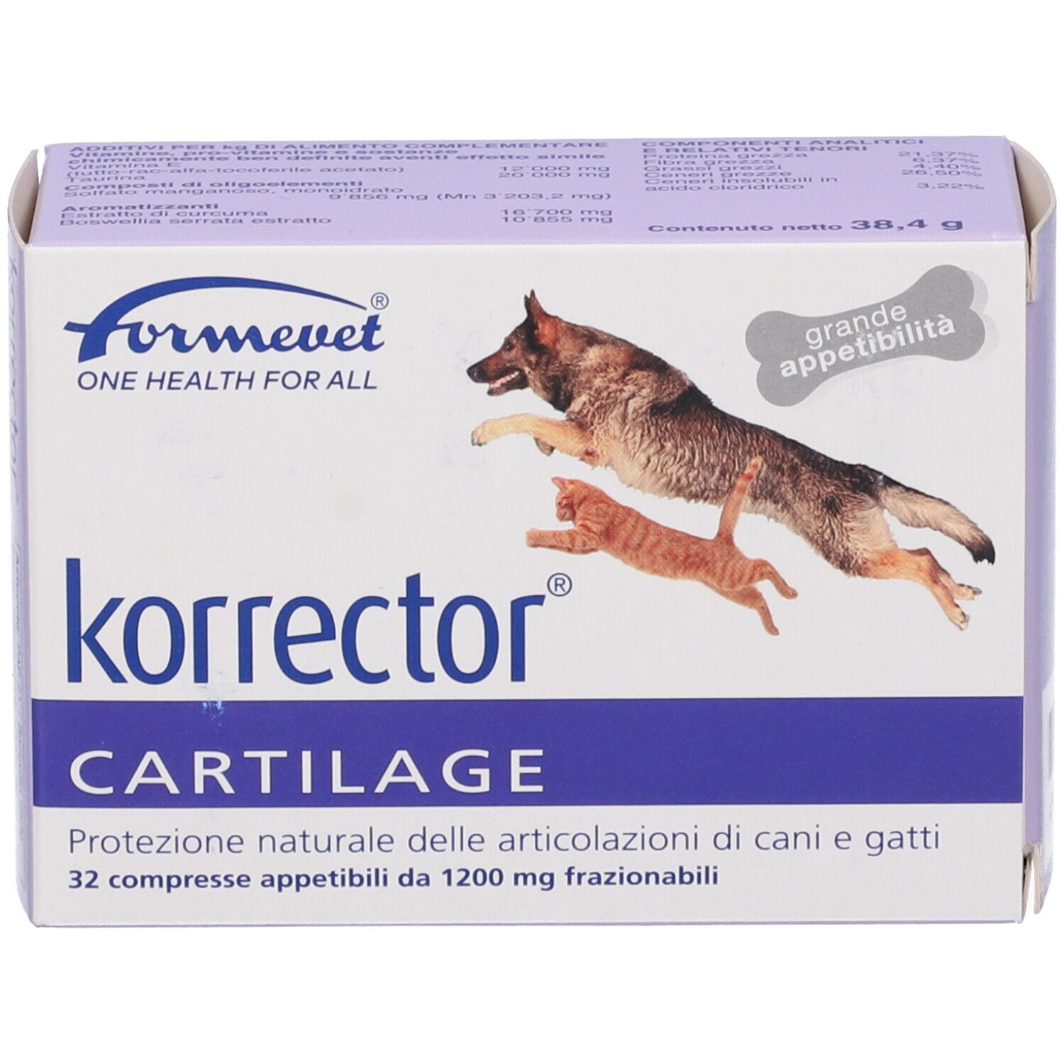 Korrector Cartilage, confezione. Immagini di cane e gatto. Confezione blu e bianca con nome del prodotto e logo.