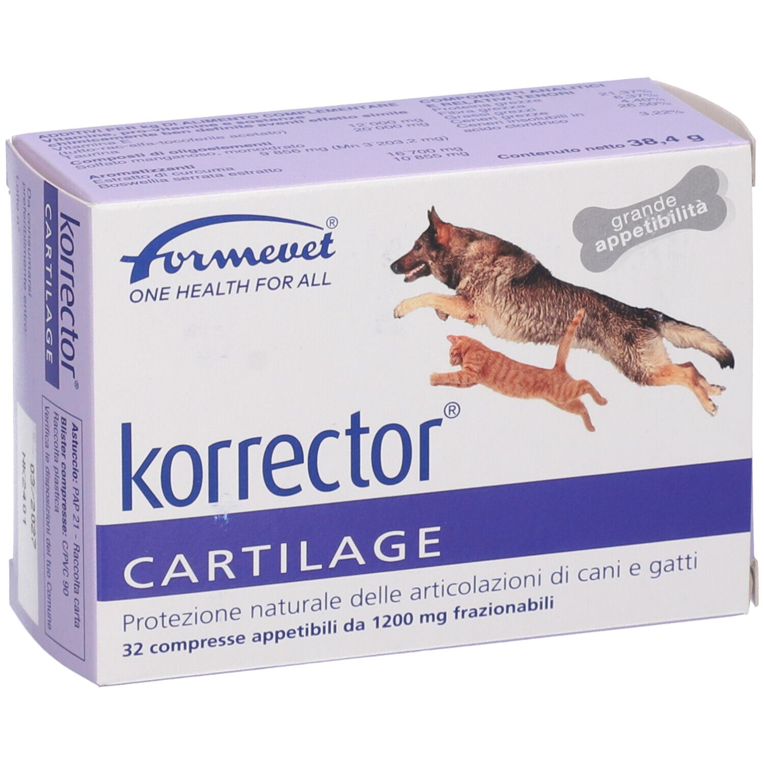 Korrector Cartilage, confezione. Immagini di cane e gatto. Confezione blu e bianca con nome del prodotto e logo.