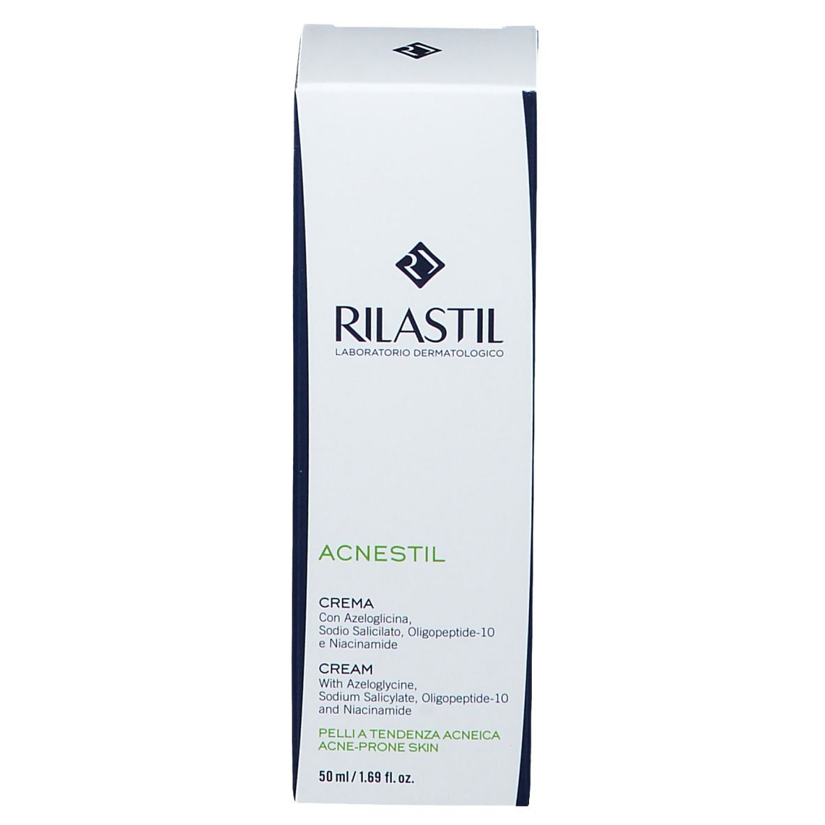 Scatola bianca RILASTIL® ACNESTIL Crema. Nome e ingredienti del prodotto in più lingue.