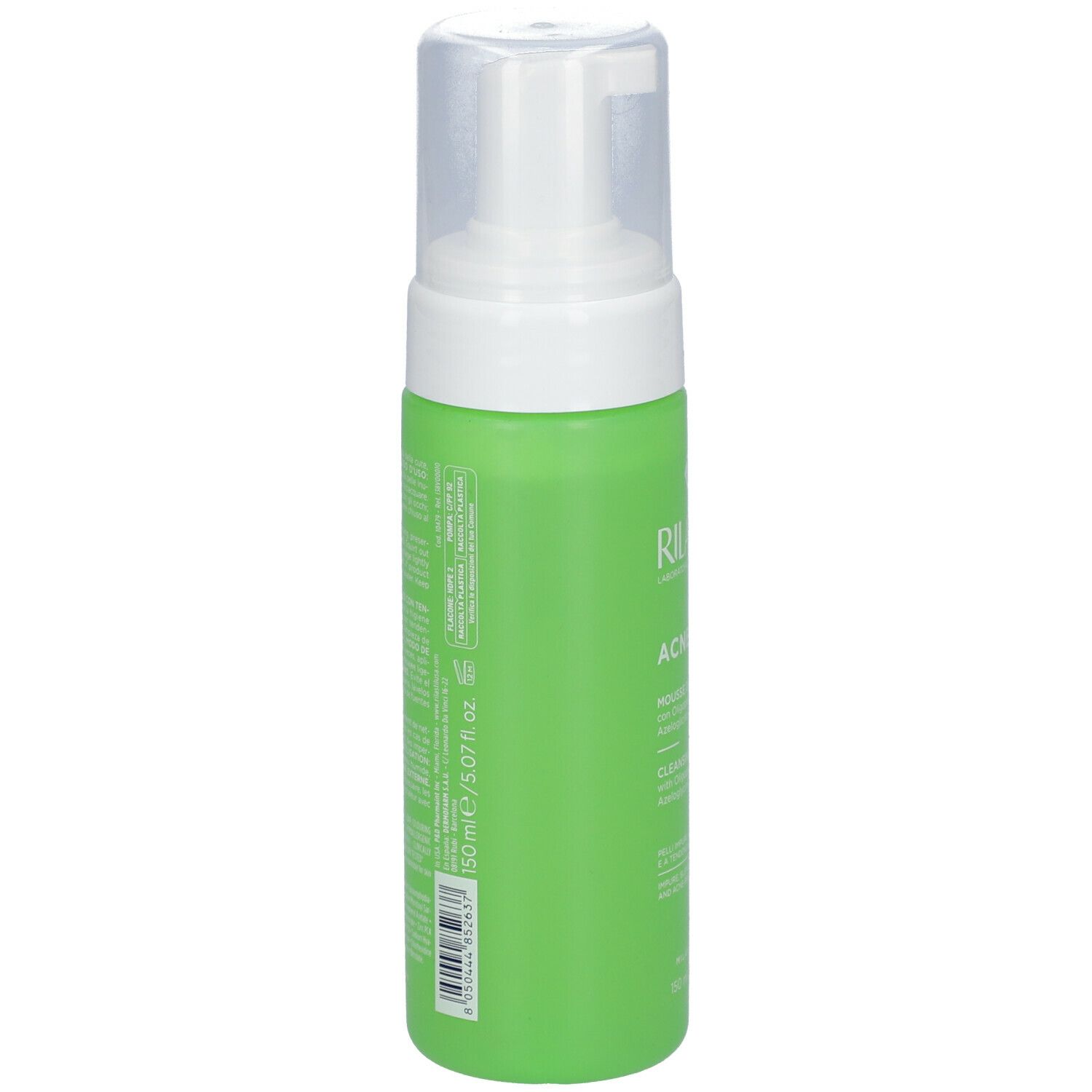 Flacone verde con erogatore bianco. Retro con testo. Scritte RILASTIL, ACNESTIL, mousse detergente. Testo in italiano e inglese.