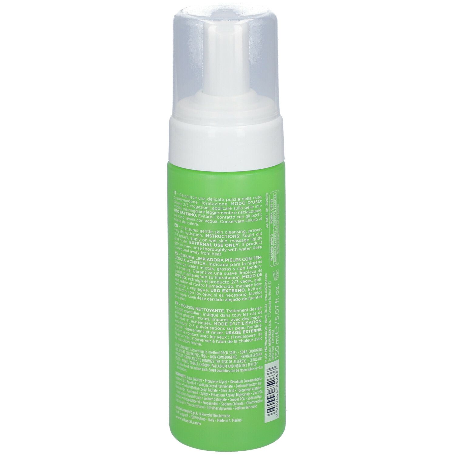 Flacone verde con erogatore bianco. Retro con testo. Scritte RILASTIL, ACNESTIL, mousse detergente. Testo in italiano e inglese.