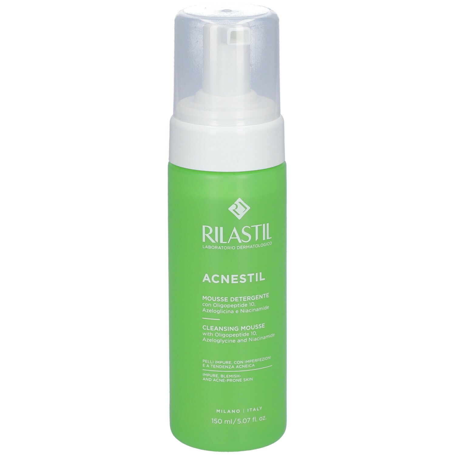 Flacone verde con erogatore bianco. Scritte RILASTIL, ACNESTIL, mousse detergente. Testo in italiano e inglese.