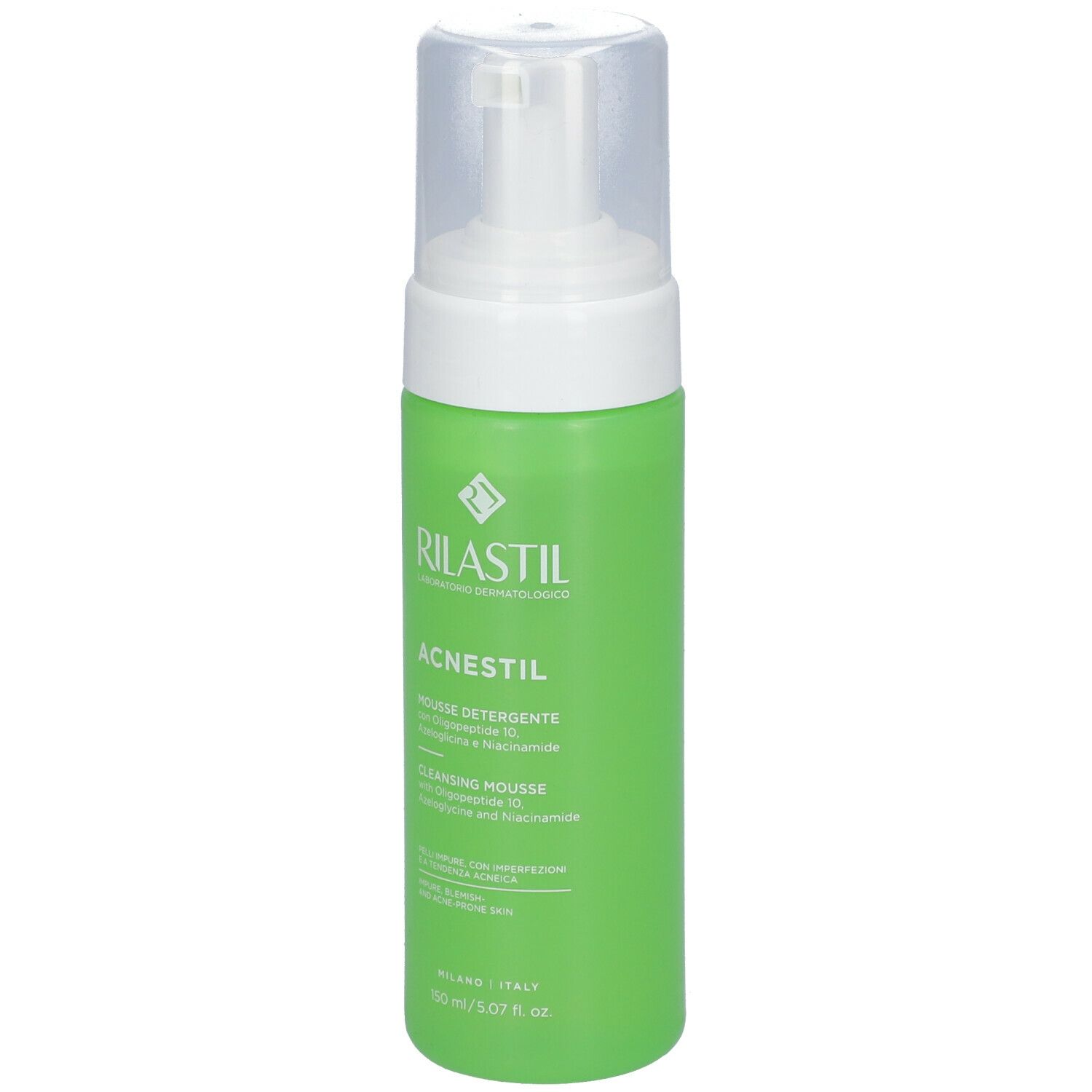Flacone verde con erogatore bianco. Scritte RILASTIL, ACNESTIL, mousse detergente. Testo in italiano e inglese.