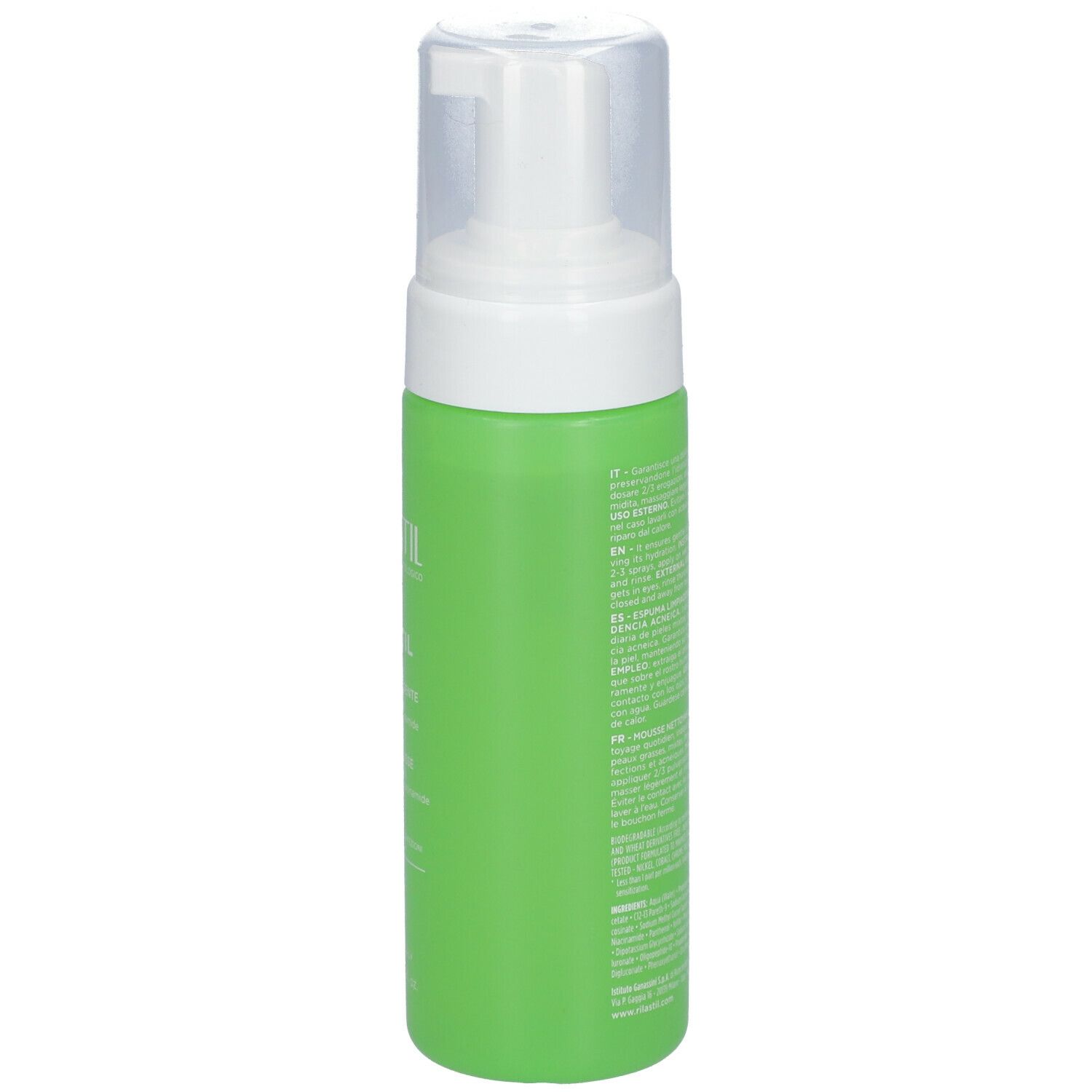 Flacone verde con erogatore bianco. Retro con testo. Scritte RILASTIL, ACNESTIL, mousse detergente. Testo in italiano e inglese.