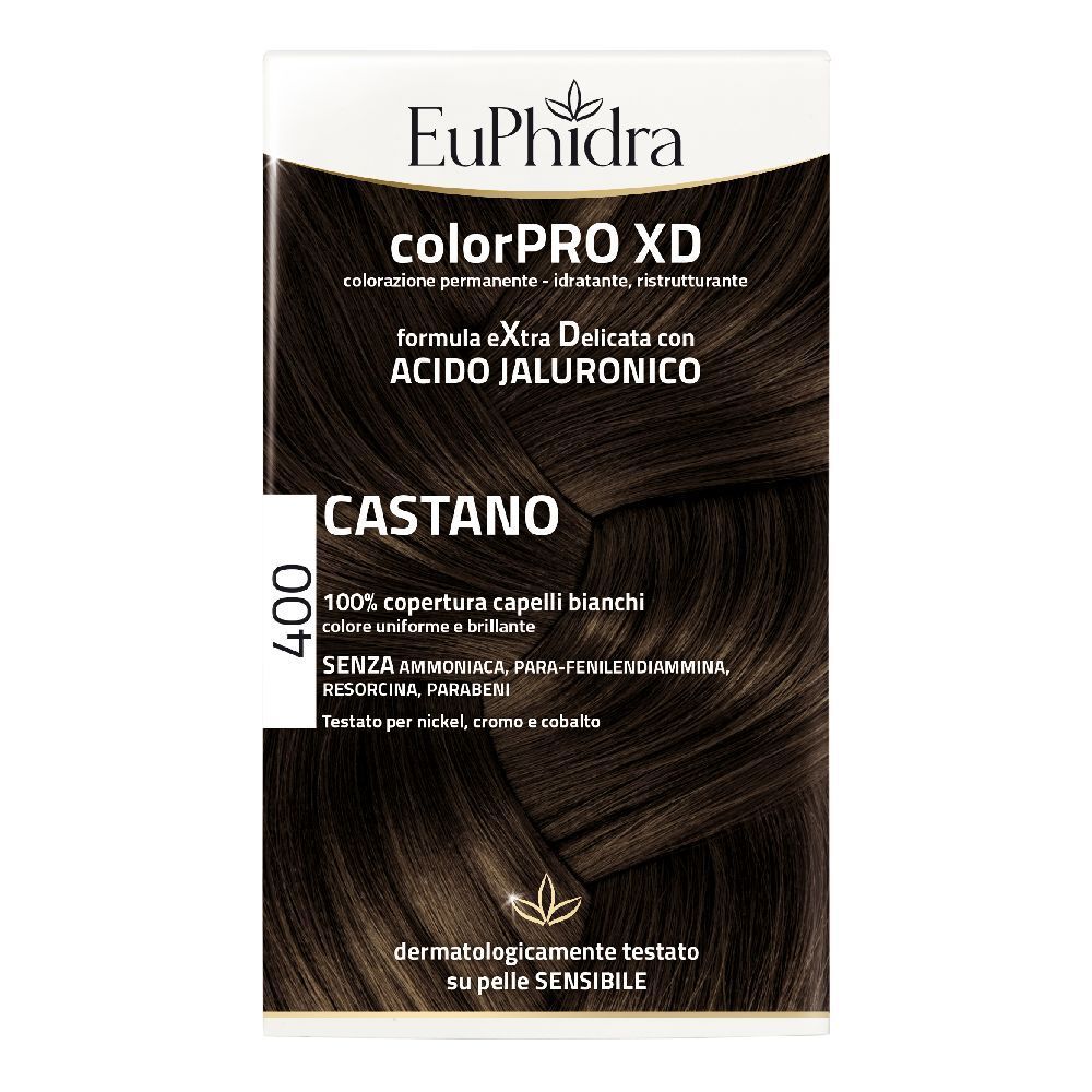Confezione Euphidra ColorPRO XD Braun 400. Scritte: colorPRO XD, CASTANO, 400, 100% copertura, testato dermatologicamente.