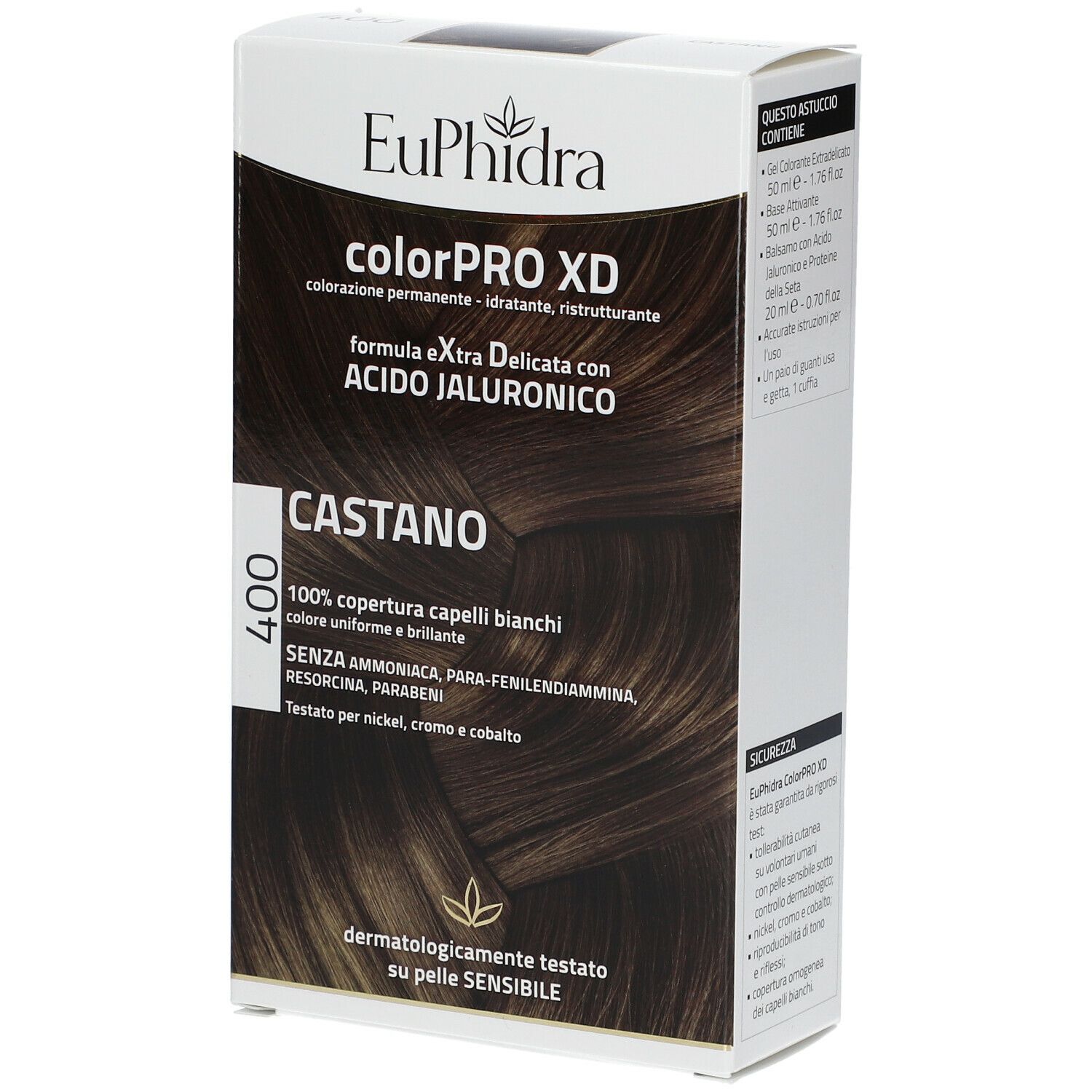 Confezione Euphidra ColorPRO XD Braun 400. Scritte: colorPRO XD, CASTANO, 400, 100% copertura, testato dermatologicamente.
