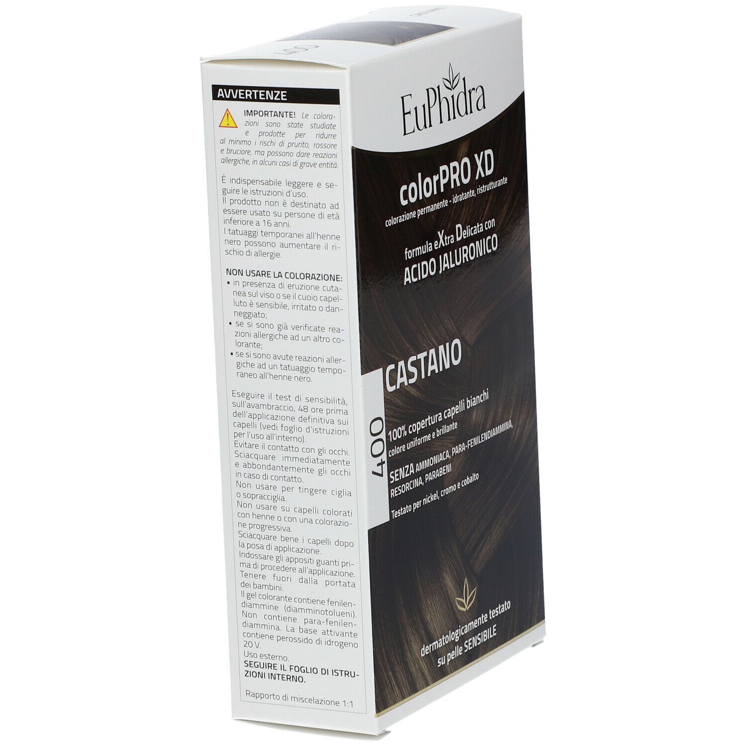 Confezione Euphidra ColorPRO XD Braun 400. Scritte: colorPRO XD, CASTANO, 400, 100% copertura, testato dermatologicamente.