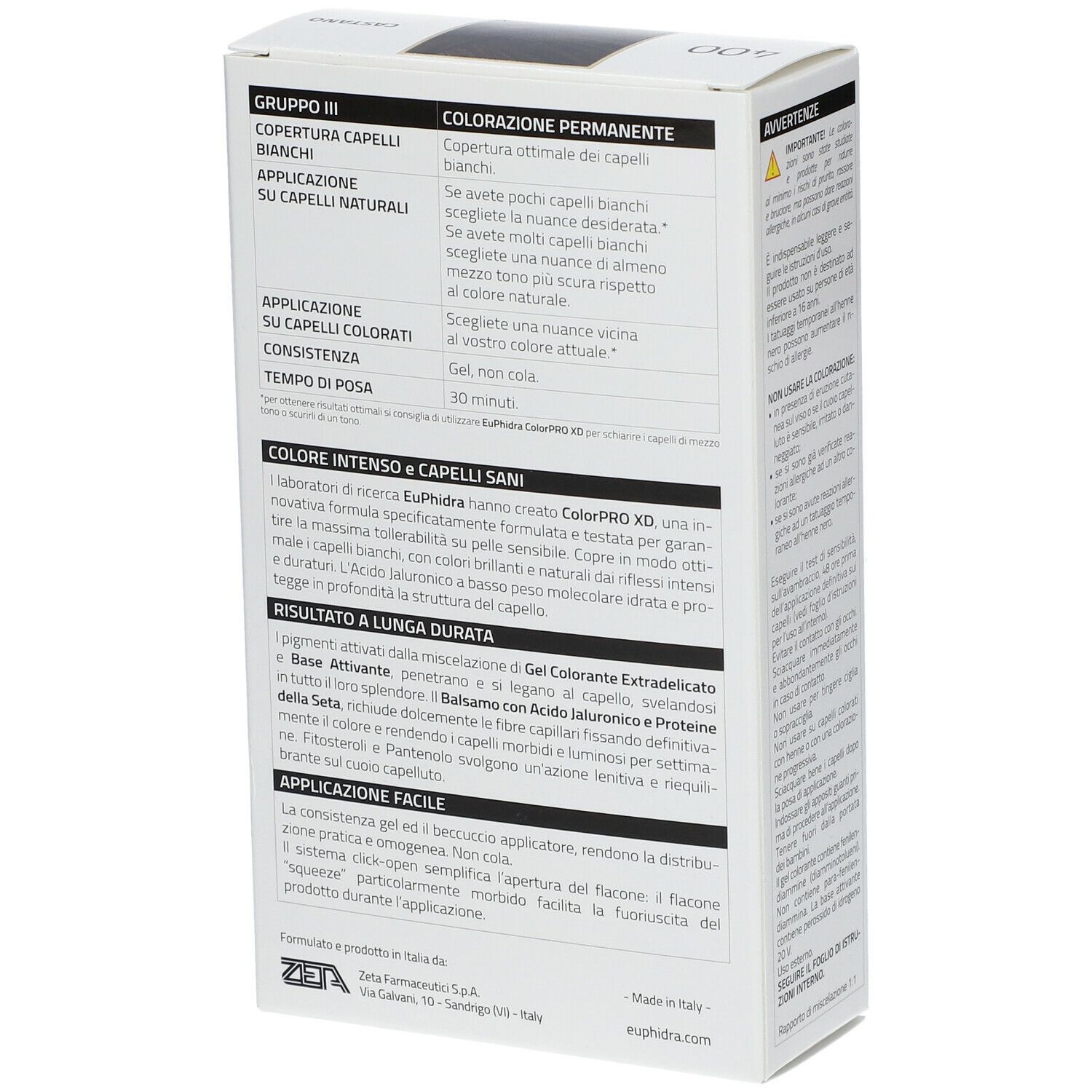 Confezione Euphidra ColorPRO XD Braun 400. Scritte: colorPRO XD, CASTANO, 400, 100% copertura, testato dermatologicamente.