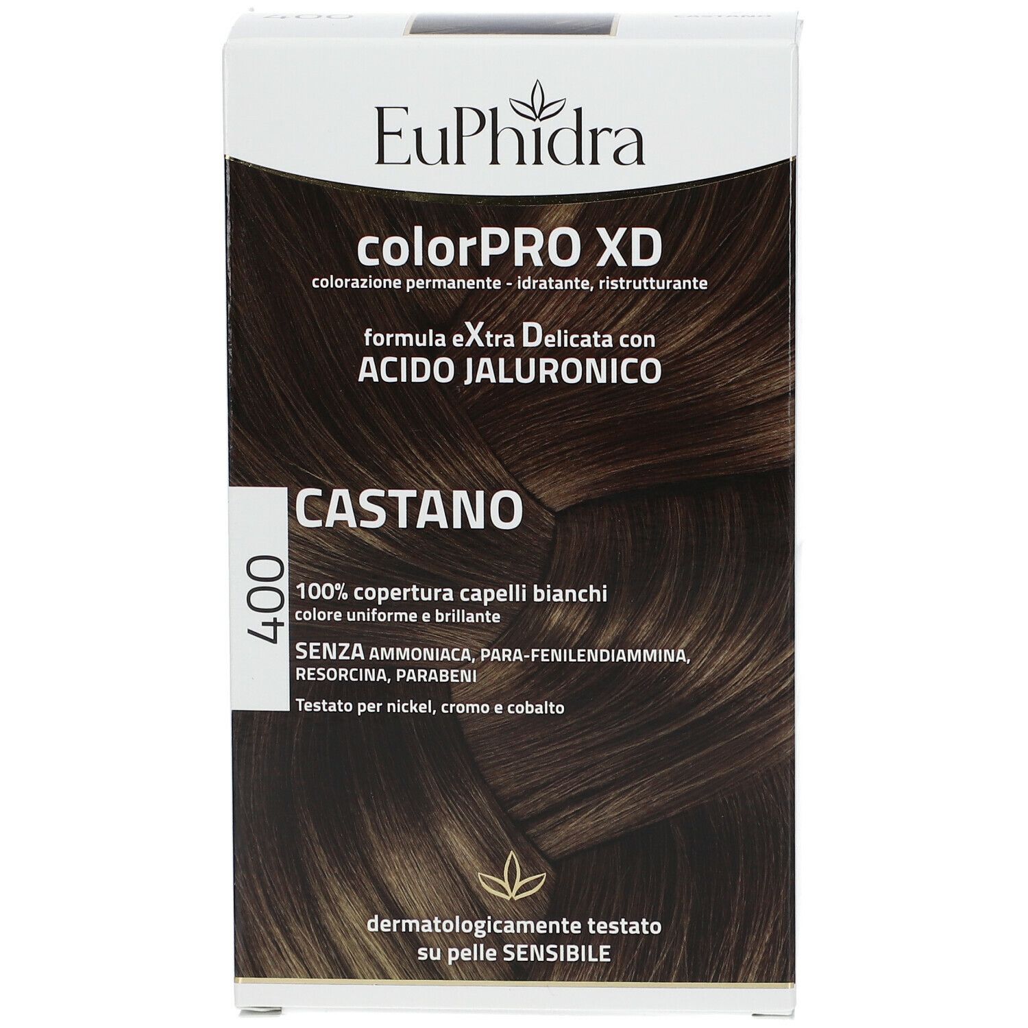 Confezione Euphidra ColorPRO XD Braun 400. Scritte: colorPRO XD, CASTANO, 400, 100% copertura, testato dermatologicamente.