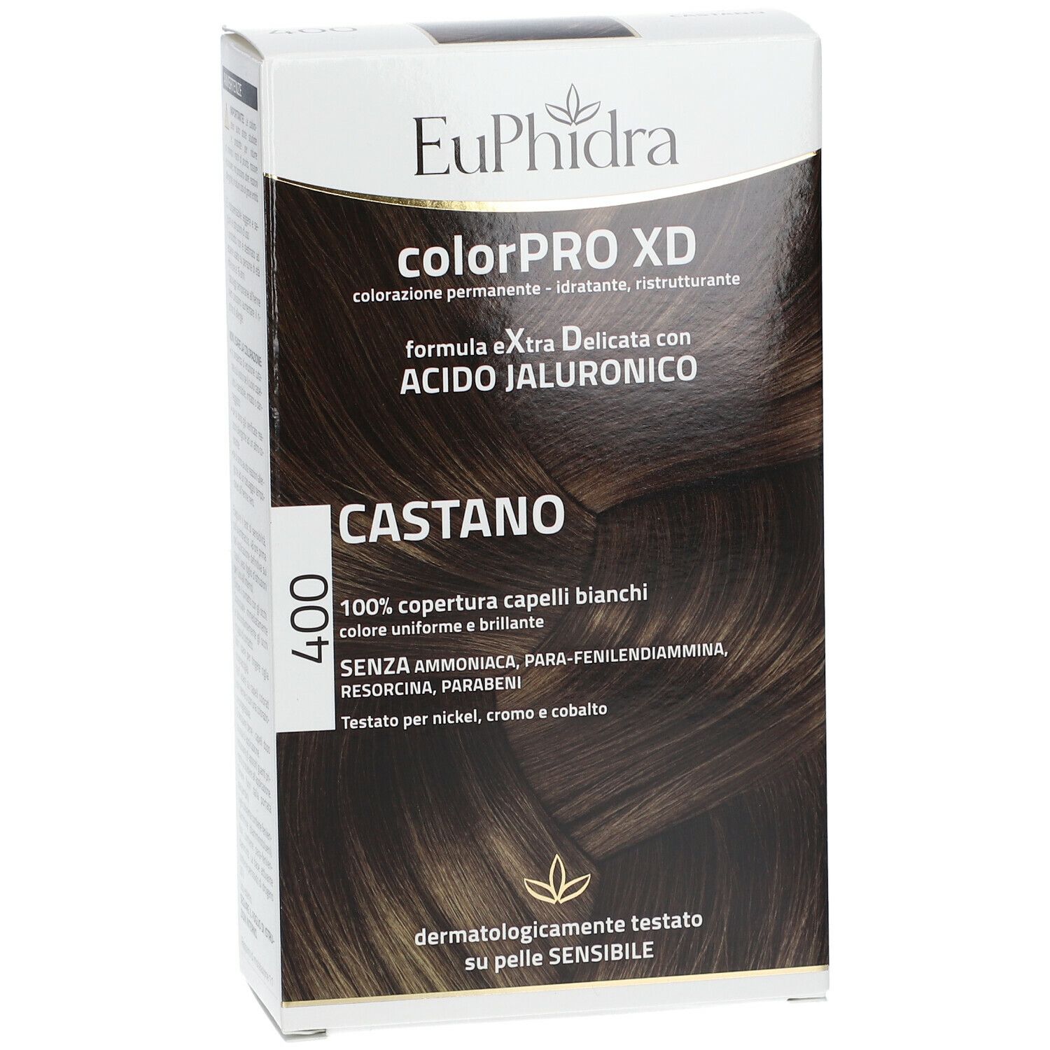 Confezione Euphidra ColorPRO XD Braun 400. Scritte: colorPRO XD, CASTANO, 400, 100% copertura, testato dermatologicamente.