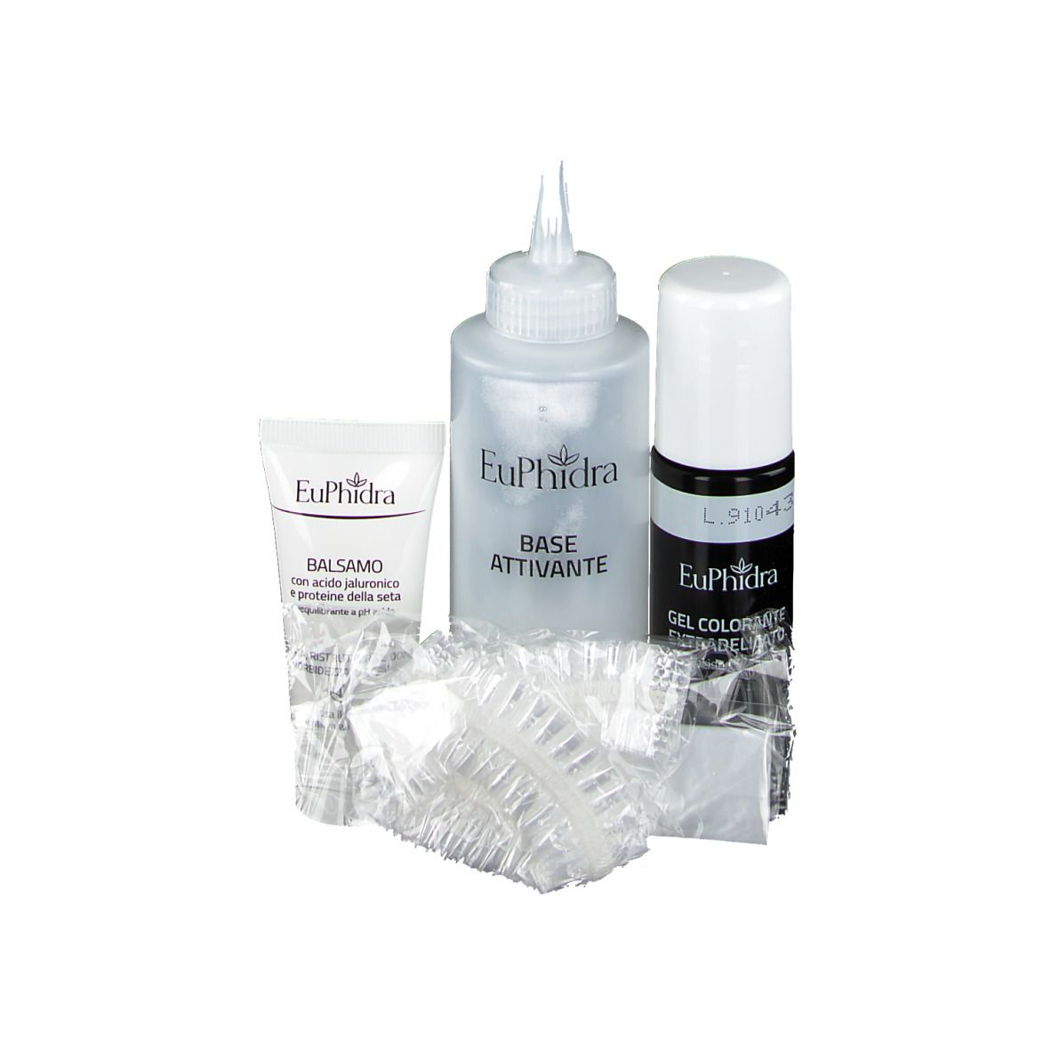 Set di tinta per capelli. Contiene flaconi, tubetto e cuffie. Marchio Euphidra.