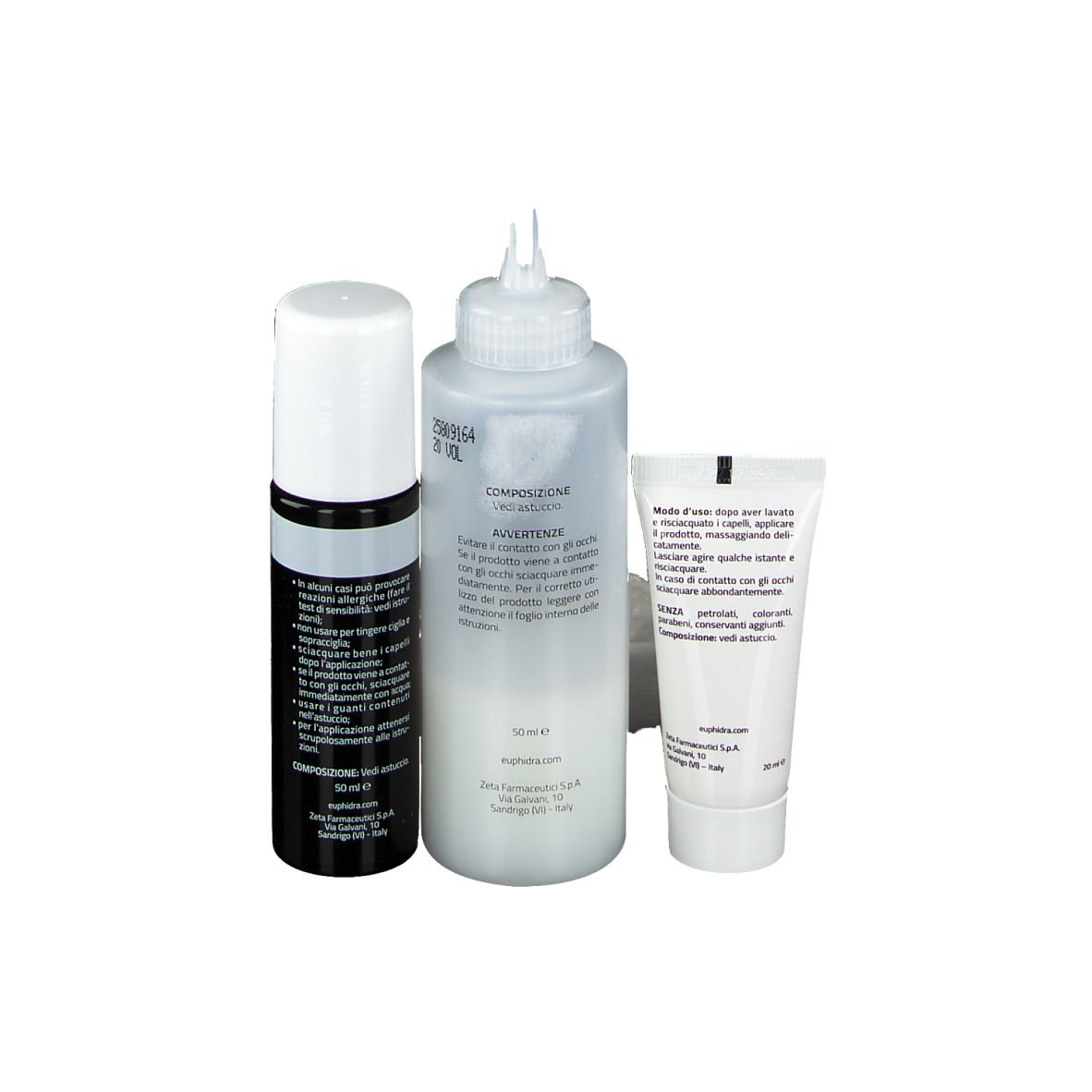 Set di tinta per capelli. Contiene flaconi e tubetto. Marchio Euphidra.