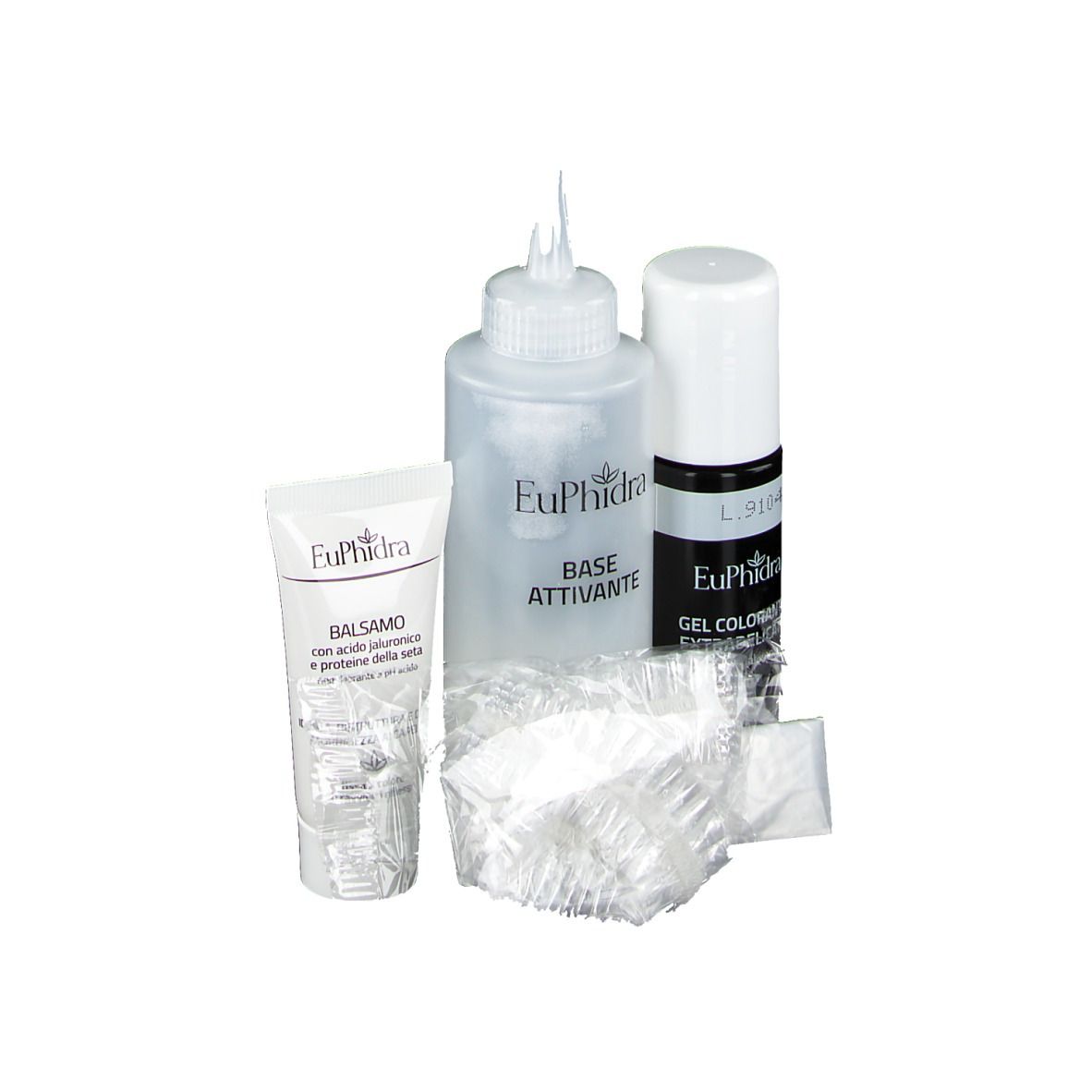 Set di tinta per capelli. Contiene flaconi, tubetto e foglio. Marchio Euphidra.