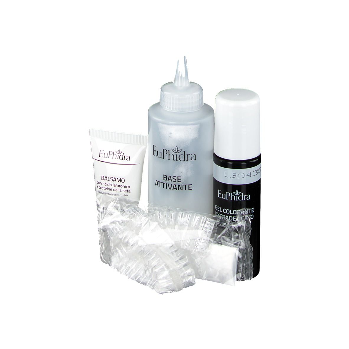 Set di tinta per capelli. Contiene flaconi, tubetto e cuffie. Marchio Euphidra.