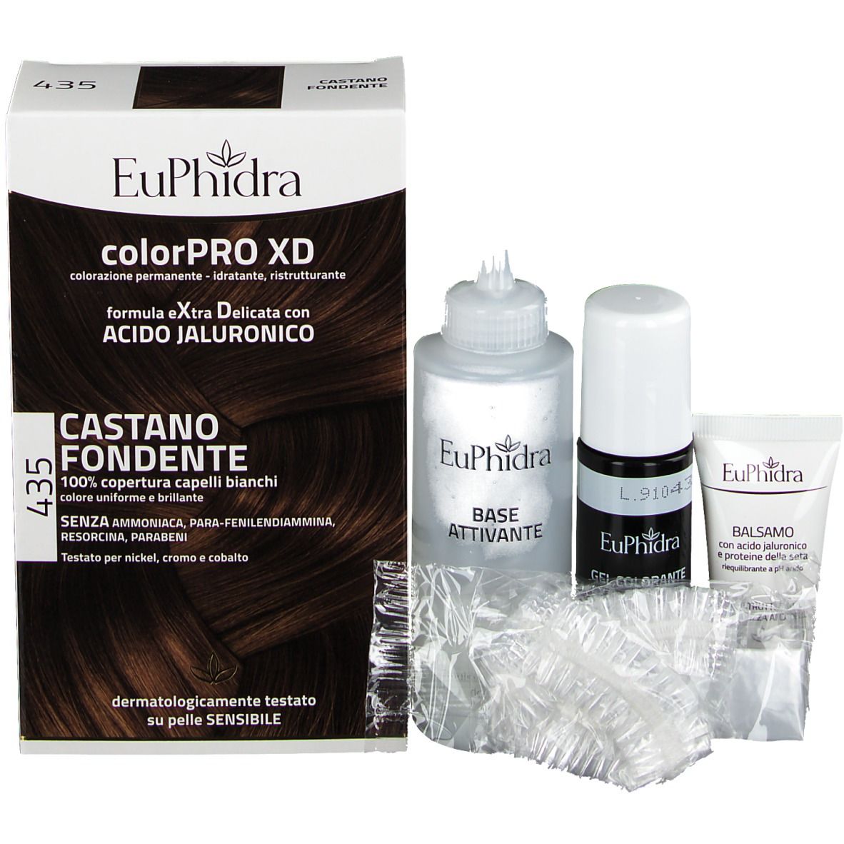 Set di tinta per capelli con confezione. Contiene flaconi, tubetto, cuffie. Marchio Euphidra.