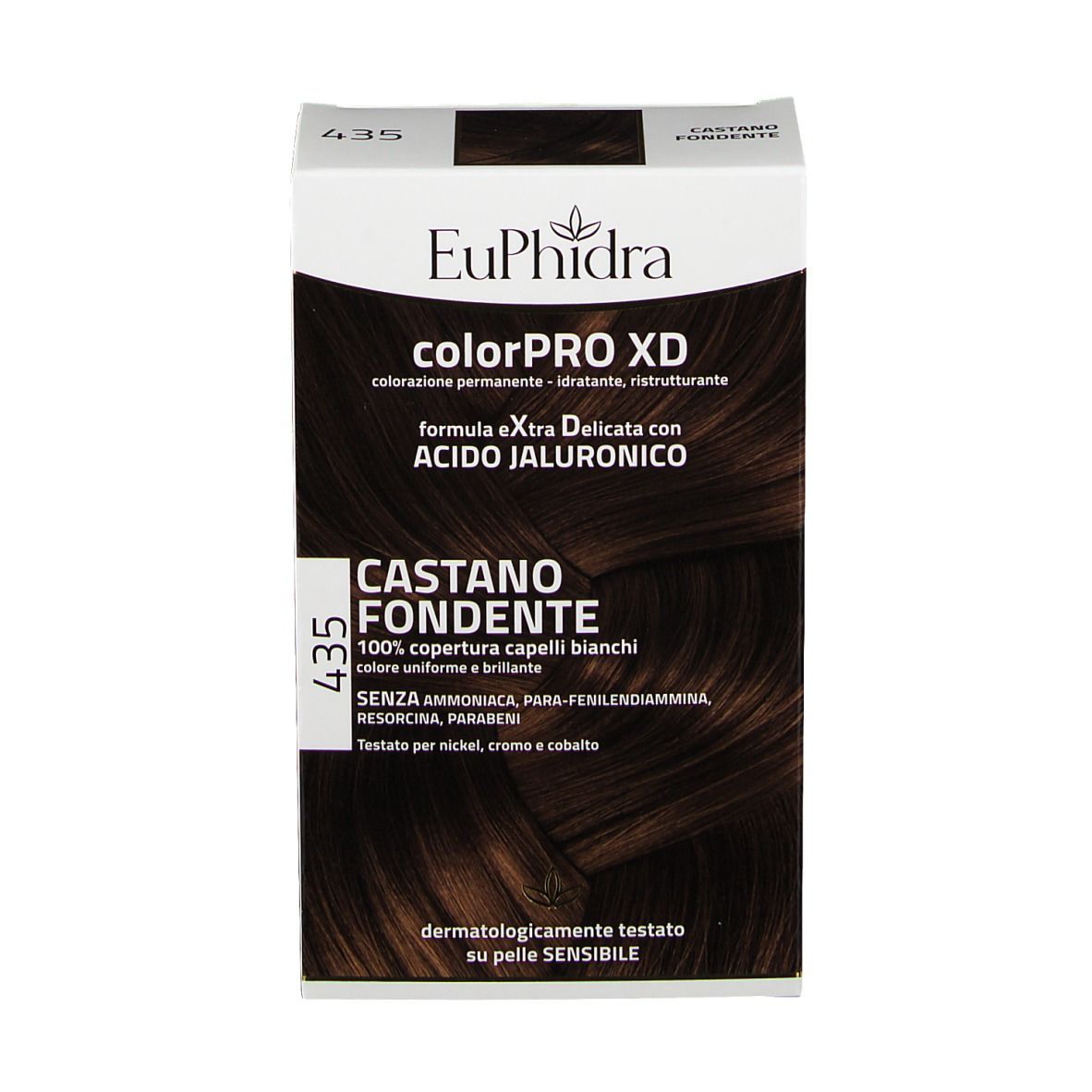 Confezione di tinta per capelli. Testo: colorPRO XD, Castano Fondente, 435. Testato dermatologicamente.