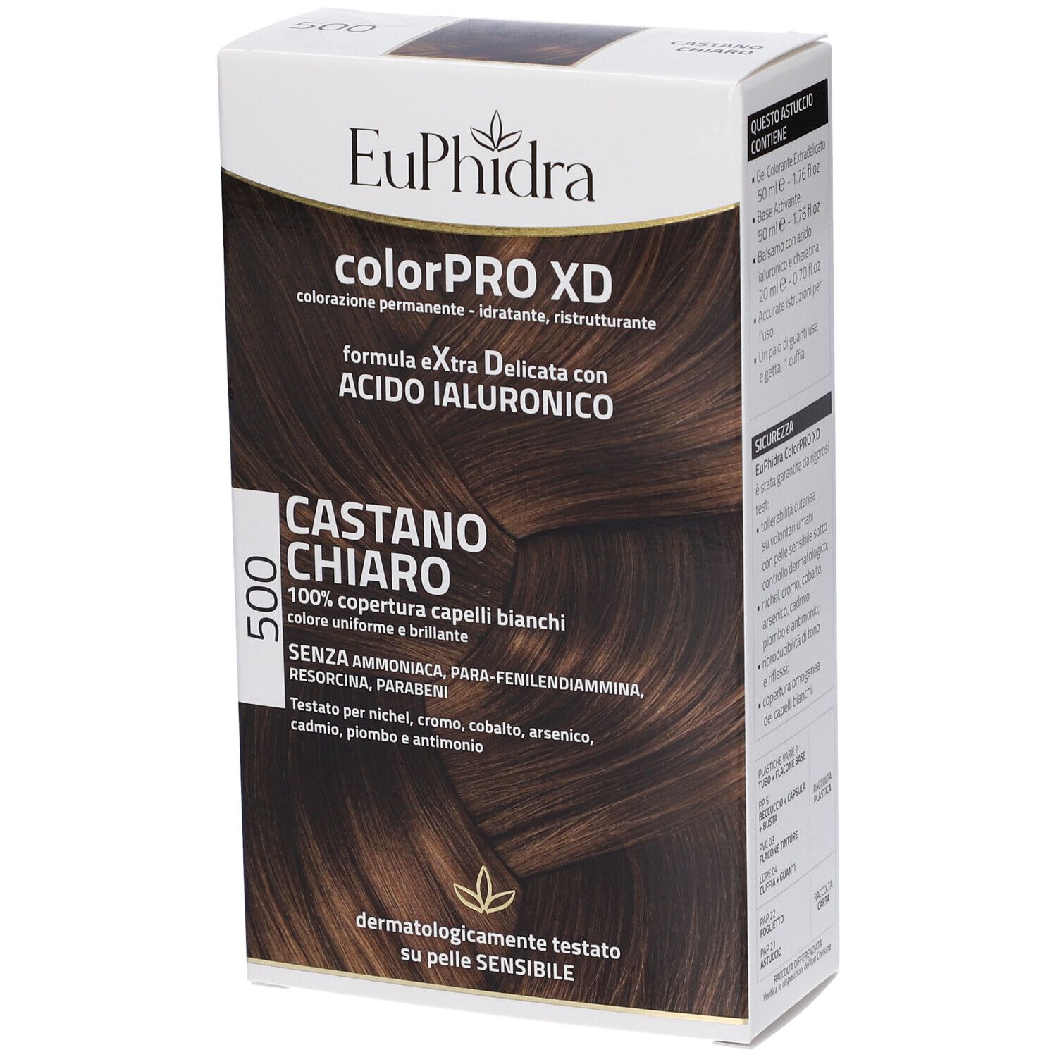 Verpackung von Euphidra ColorPRO XD Hellbraun 500. Enthält Text über permanente Coloration, Inhaltsstoffe und dermatologische Tests.