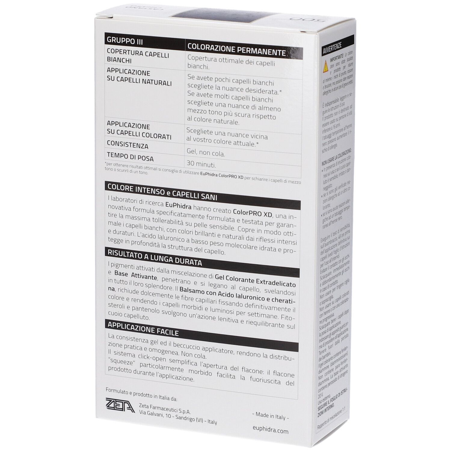 Rückseite der Verpackung von Euphidra ColorPRO XD. Enthält Informationen zur Anwendung, Inhaltsstoffen und Hersteller.