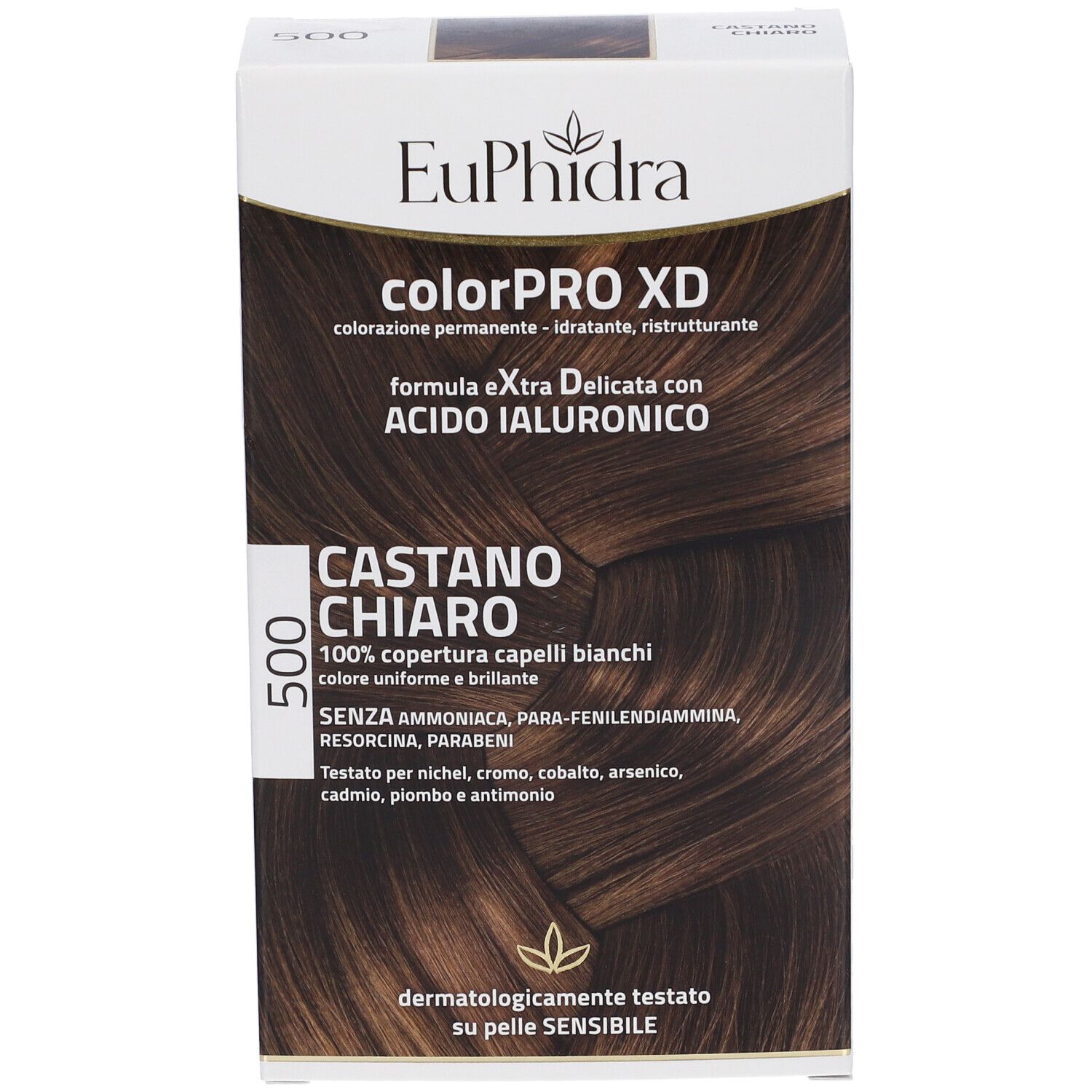 Verpackung von Euphidra ColorPRO XD Hellbraun 500. Zeigt das Produkt und Text über permanente Coloration und Inhaltsstoffe.