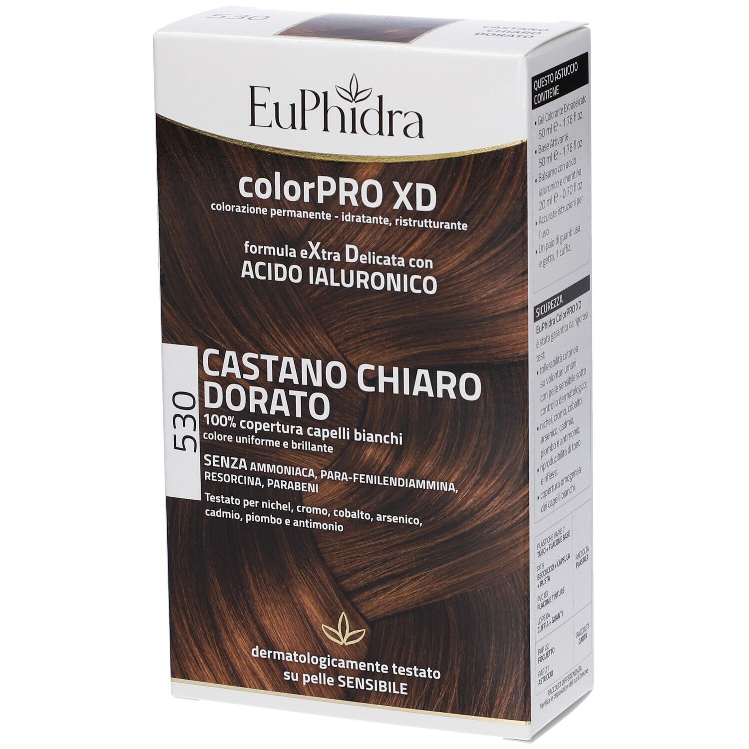 EuPhidra colorPRO XD 530 Goldbraun. Verpackung mit Produktinformationen. Aufschrift: Castano Chiaro Dorato. Dermatologisch getestet.